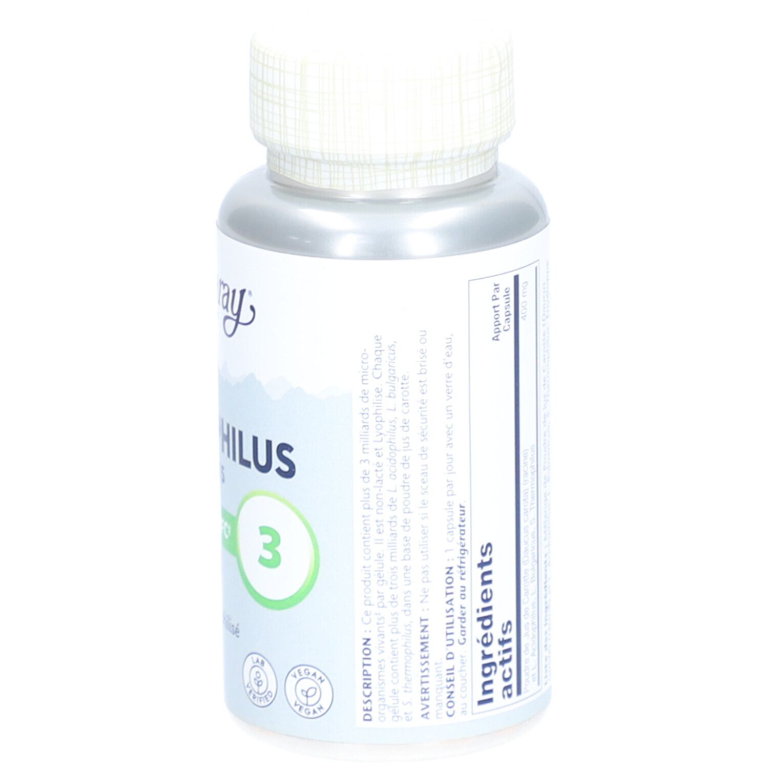 Dose SOLARAY ACIDOPHILUS PLUS. Aufschrift: 3 Milliarden UFC. Inhaltsstoffe und Anwendungshinweise in Französisch.