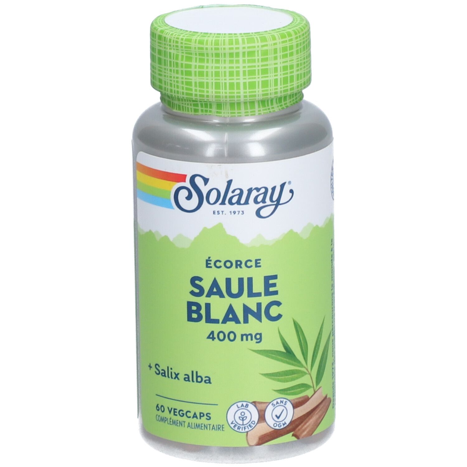 Flacon de capsules SOLARAY SAULE BLANC 400 mg. 60 Vegcaps. Inscription: ÉCORCE SAULE BLANC. Couvercle vert.