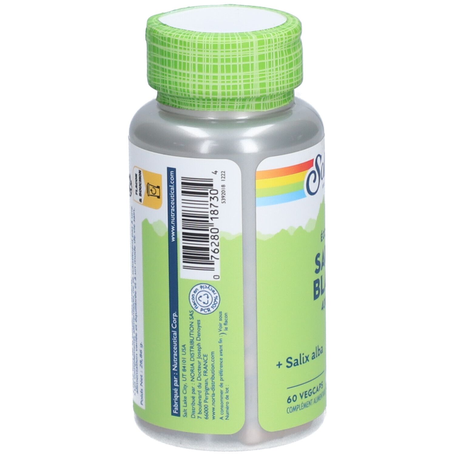 Dos du flacon de capsules. Inscription SOLARAY. Contient 60 Vegcaps. Étiquette verte et blanche. Code-barres.