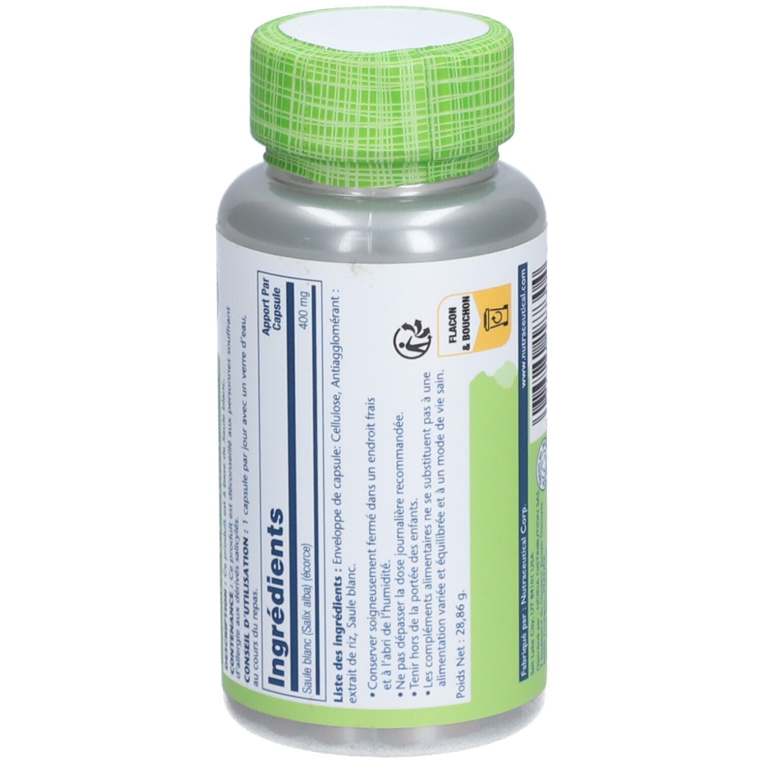 Dos du flacon de capsules. Liste des ingrédients et conseils d'utilisation. Étiquette verte et blanche. Texte en français.