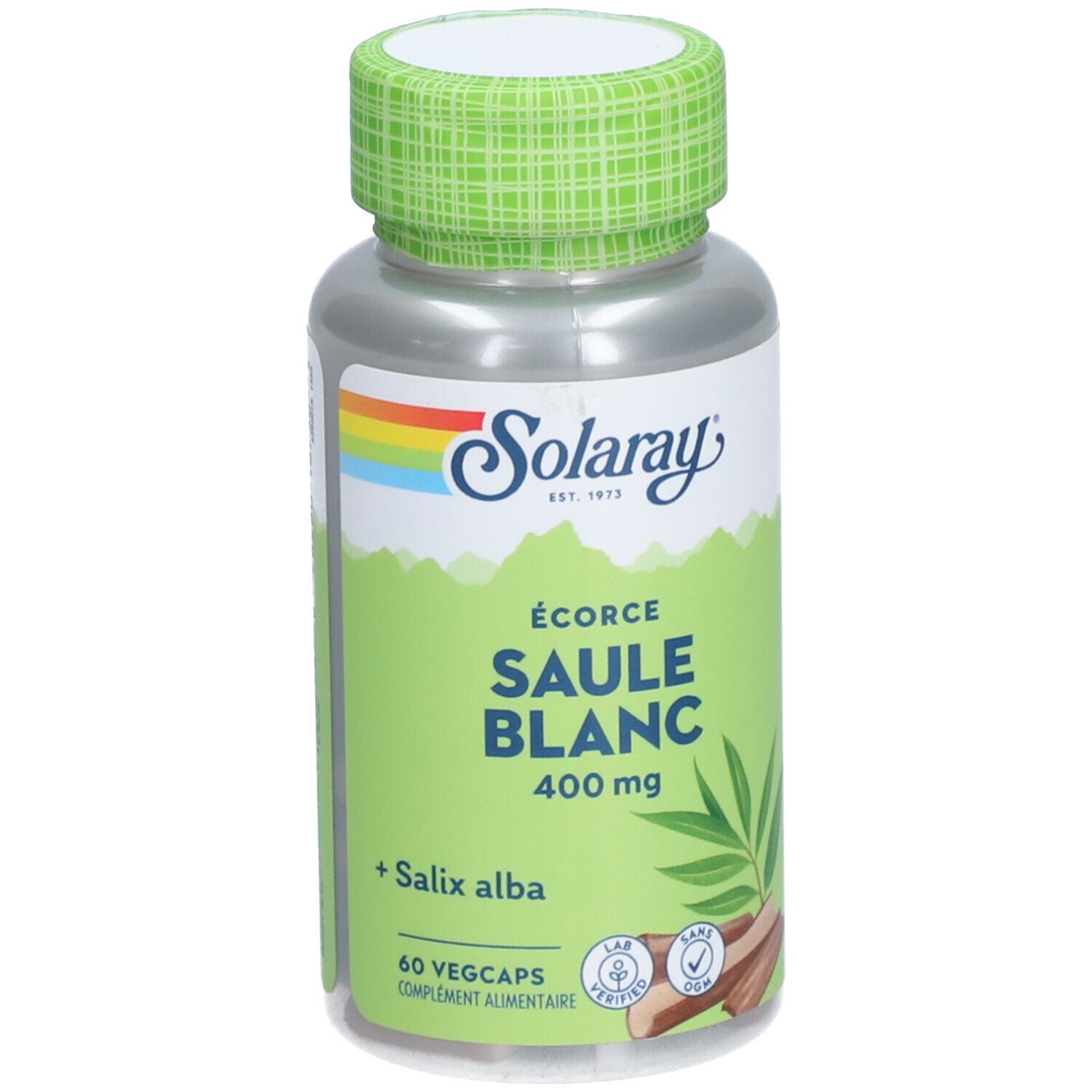 Flacon de capsules SOLARAY SAULE BLANC 400 mg. 60 Vegcaps. Inscription: ÉCORCE SAULE BLANC. Couvercle vert.