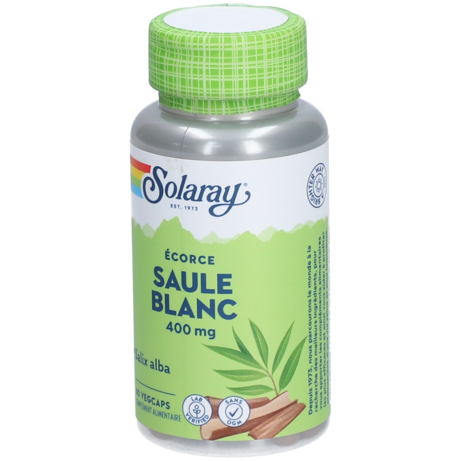 Flacon de capsules SOLARAY SAULE BLANC 400 mg. 60 Vegcaps. Inscription: ÉCORCE SAULE BLANC. Couvercle vert.