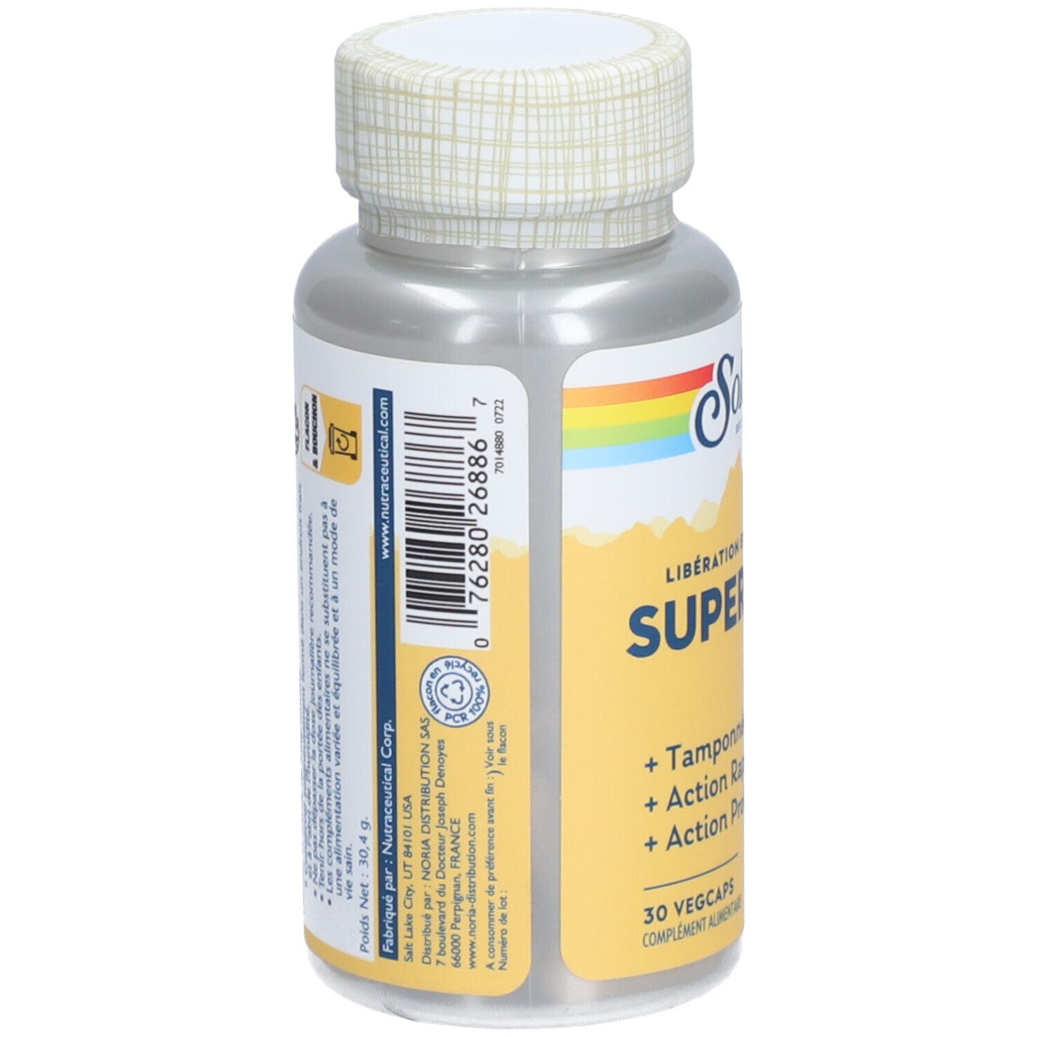 Dos du flacon. Inscription: SUPER BIO C, 30 Vegcaps. Informations sur les ingrédients et le fabricant.