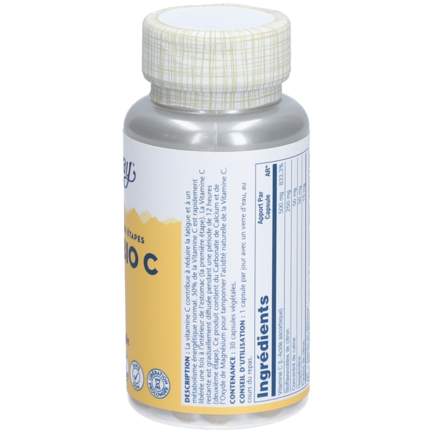Dos du flacon. Inscription: SUPER BIO C, 30 Vegcaps. Informations sur les ingrédients et l'utilisation.