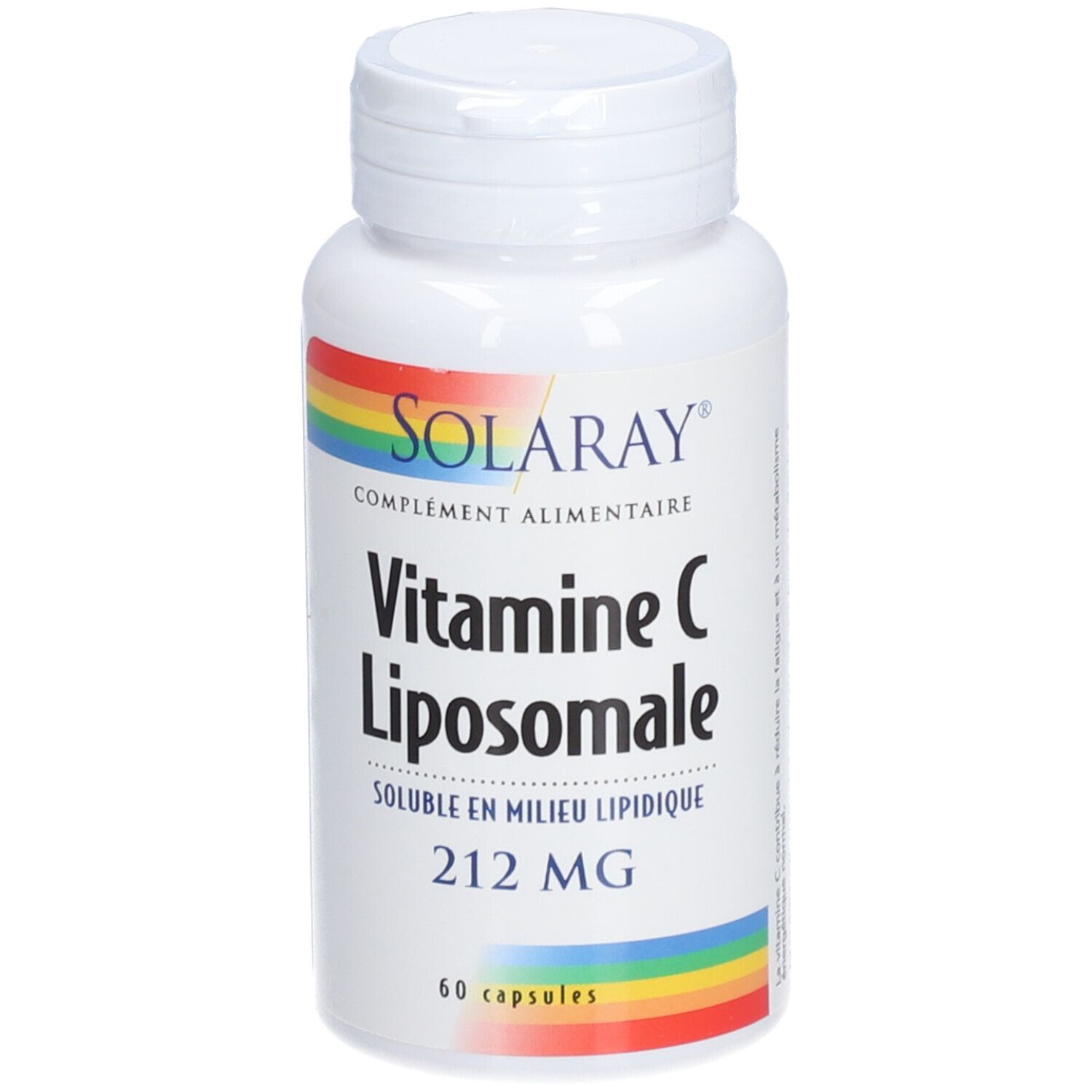 Flacon blanc SOLARAY Vitamine C Liposomale. 60 capsules. Logo arc-en-ciel. 212 MG.