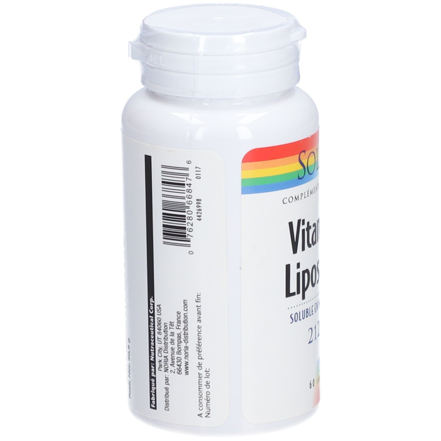 Flacon blanc SOLARAY Vitamine C Liposomale. Code-barres et texte sur l'étiquette. Logo arc-en-ciel.