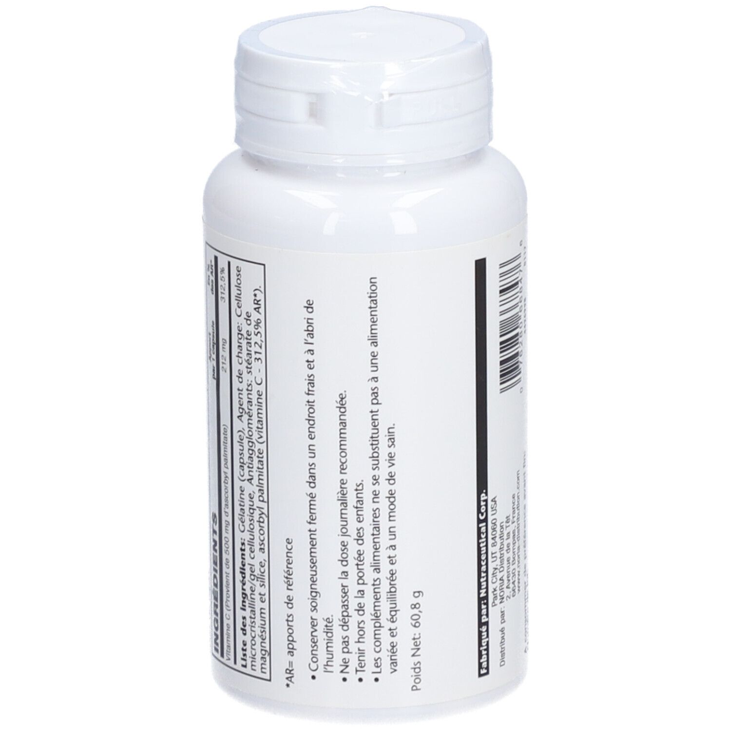 Flacon blanc avec texte sur l'étiquette. Ingrédients et informations nutritionnelles. Fabriqué par Retro-Medical Corp.