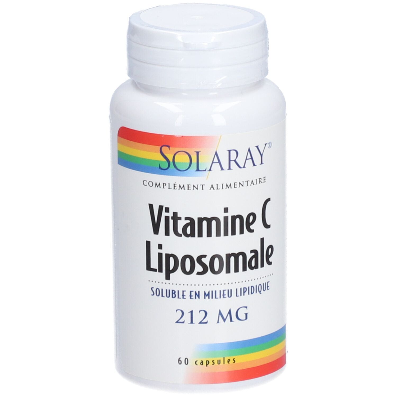 Flacon blanc SOLARAY Vitamine C Liposomale. 60 capsules. Logo arc-en-ciel. 212 MG.