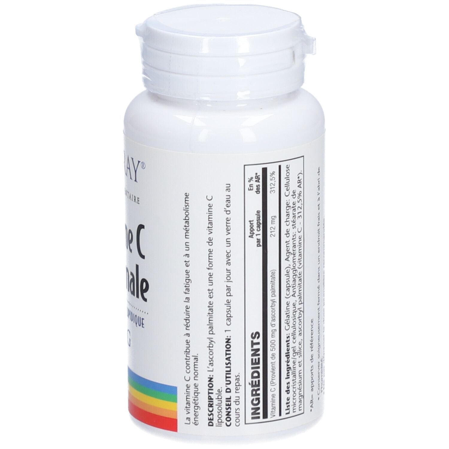 Flacon blanc SOLARAY Vitamine C Liposomale. Texte et ingrédients sur l'étiquette. Logo arc-en-ciel.