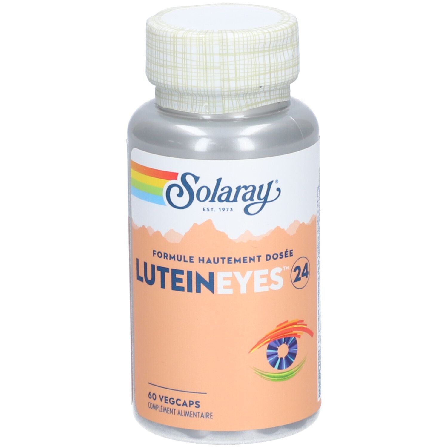 Flacon argenté, bouchon blanc. Inscription: Solaray, Lutein Eyes 24, 60 Vegcaps. Logo arc-en-ciel. Fond orange avec motif œil.