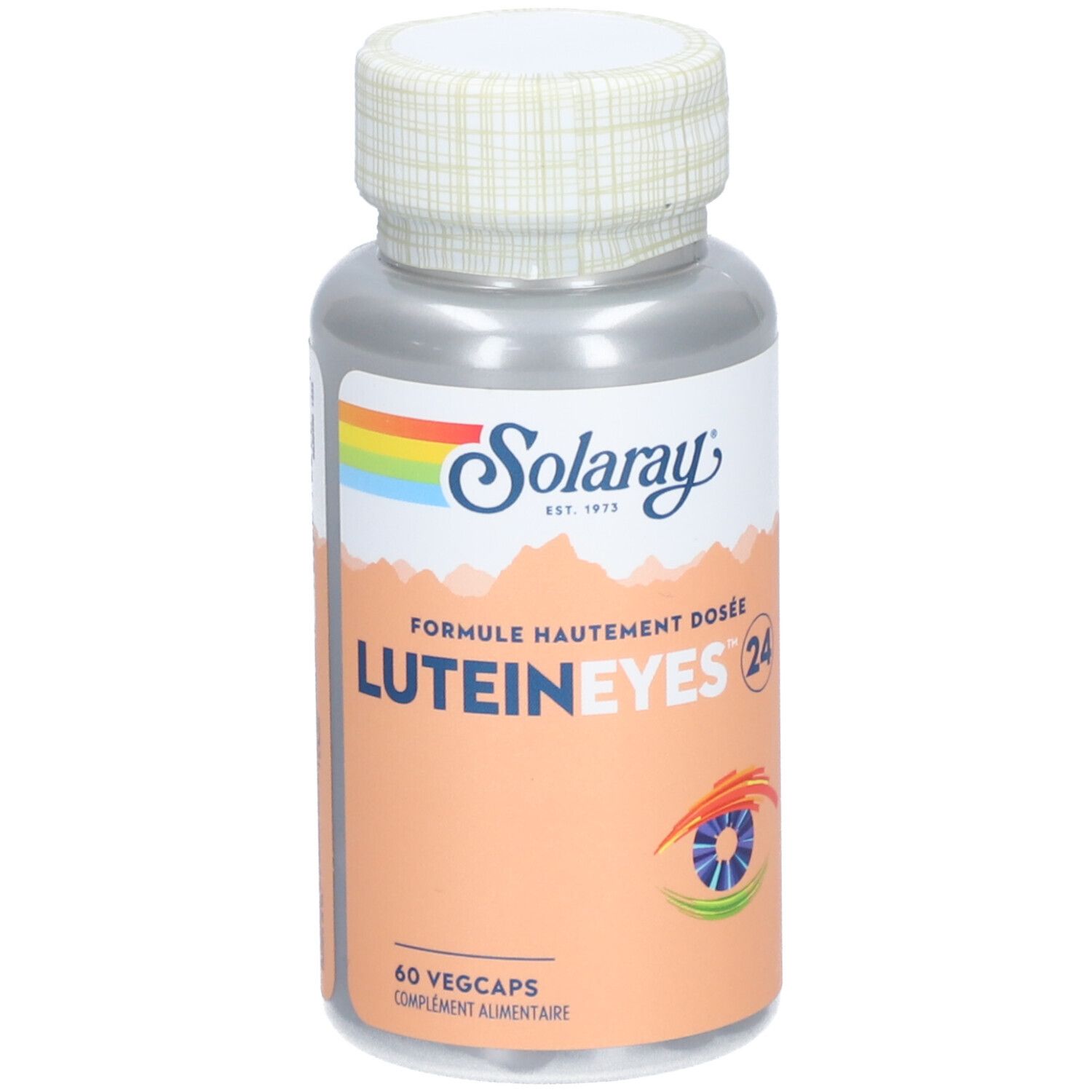 Flacon argenté, bouchon blanc. Inscription: Solaray, Lutein Eyes 24, 60 Vegcaps. Logo arc-en-ciel. Fond orange avec motif œil.