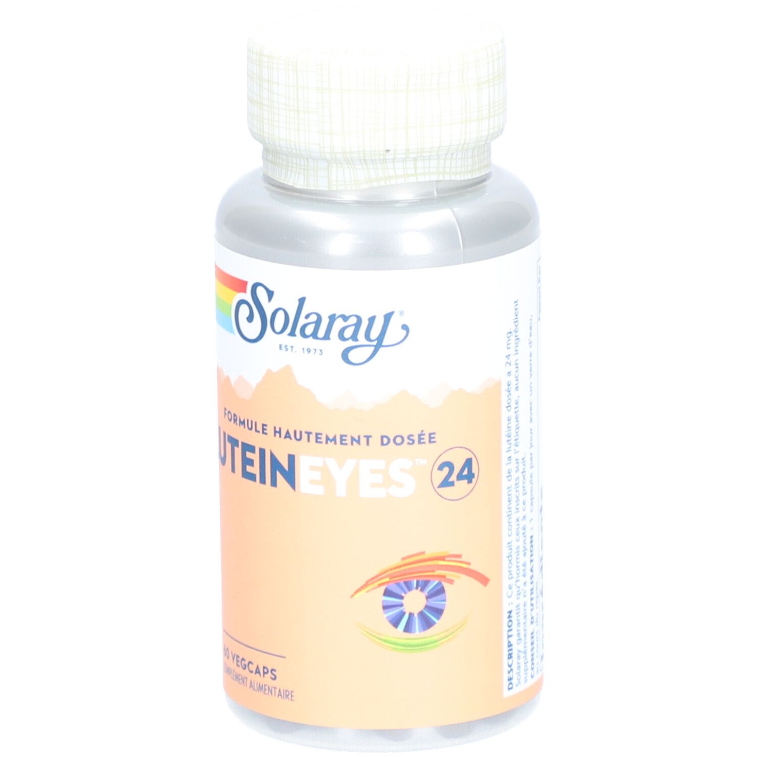 Flacon argenté, bouchon blanc. Inscription: Solaray, Lutein Eyes 24, 60 Vegcaps. Logo arc-en-ciel. Fond orange avec motif œil.