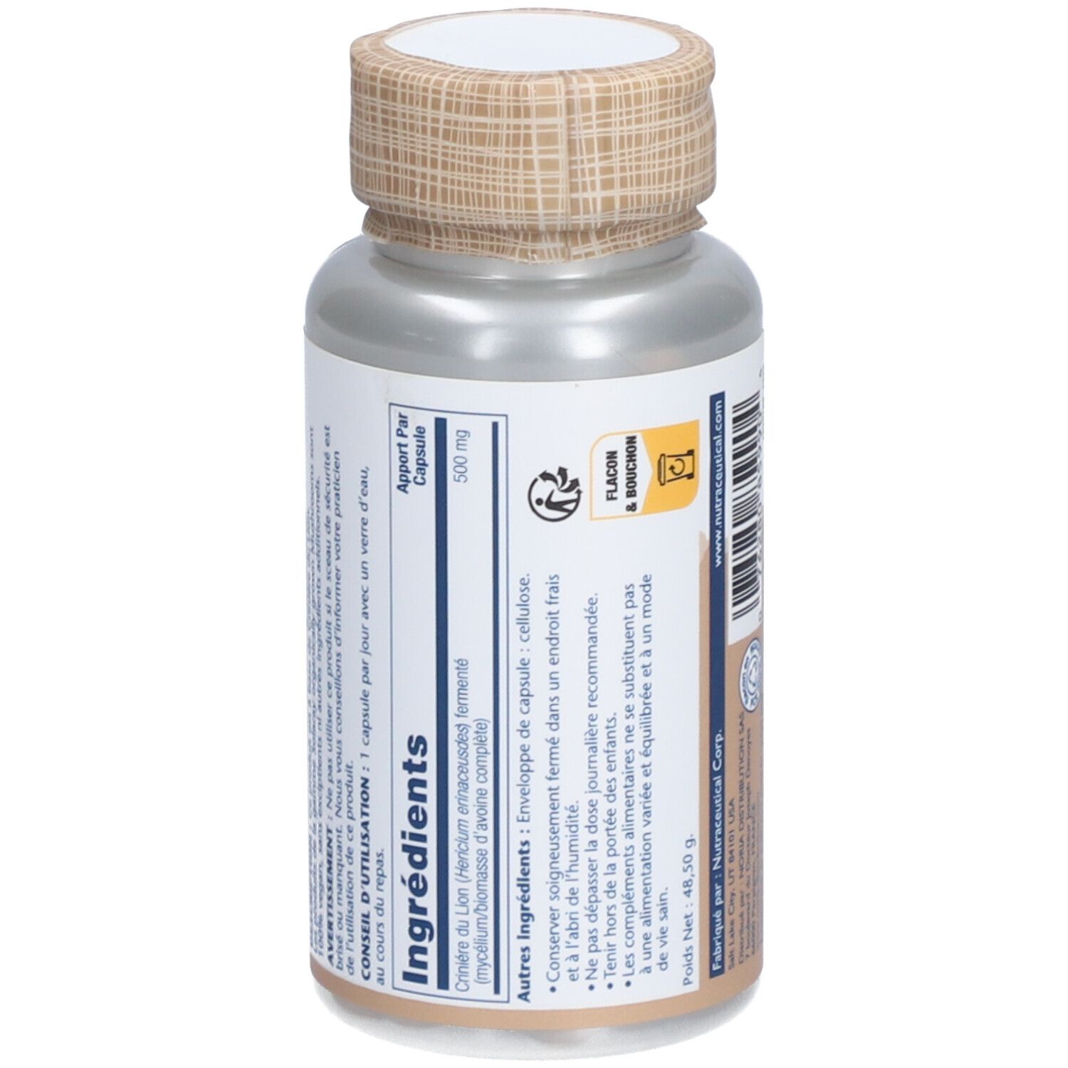 Dos du flacon de gélules SOLARAY CRINIERE DE LION. Contient ingrédients et informations de dosage. Bouchon marron, flacon transparent.