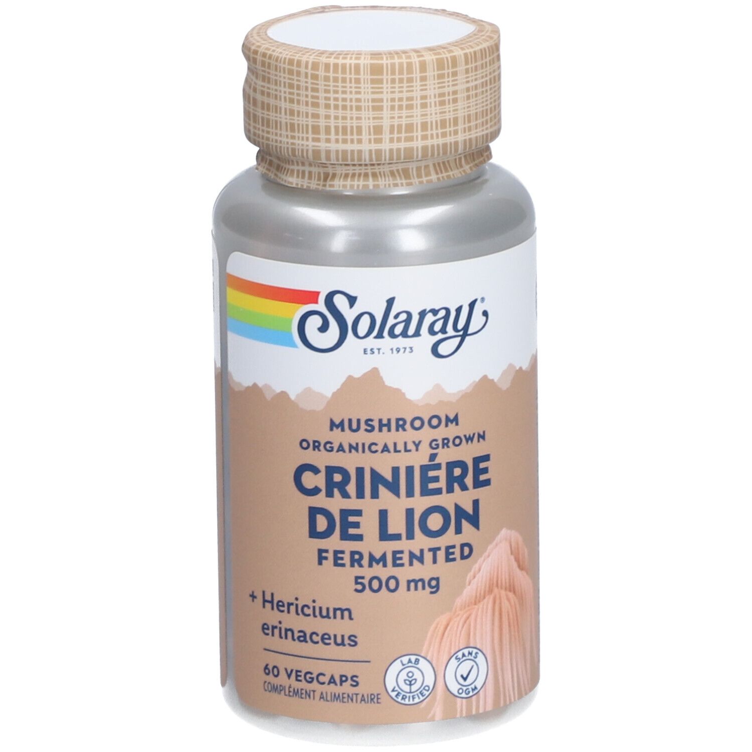 Gélules SOLARAY CRINIERE DE LION. Bouchon marron, flacon transparent. Étiquette avec nom du produit, ingrédients et logo.