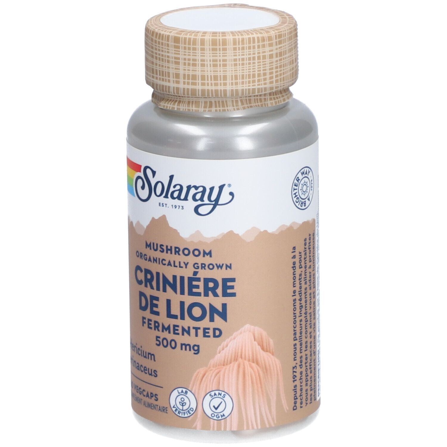 Gélules SOLARAY CRINIERE DE LION. Bouchon marron, flacon transparent. Étiquette avec nom du produit, ingrédients et logo.
