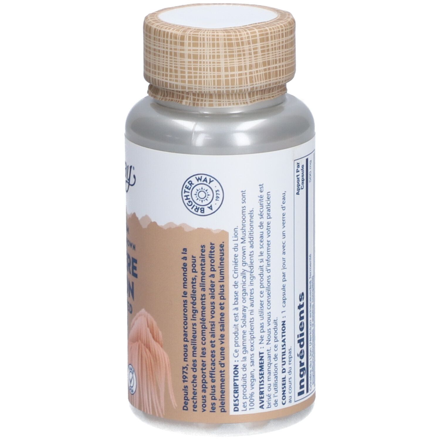 Gélules SOLARAY CRINIERE DE LION. Bouchon marron, flacon transparent. Étiquette avec informations produit et logo.