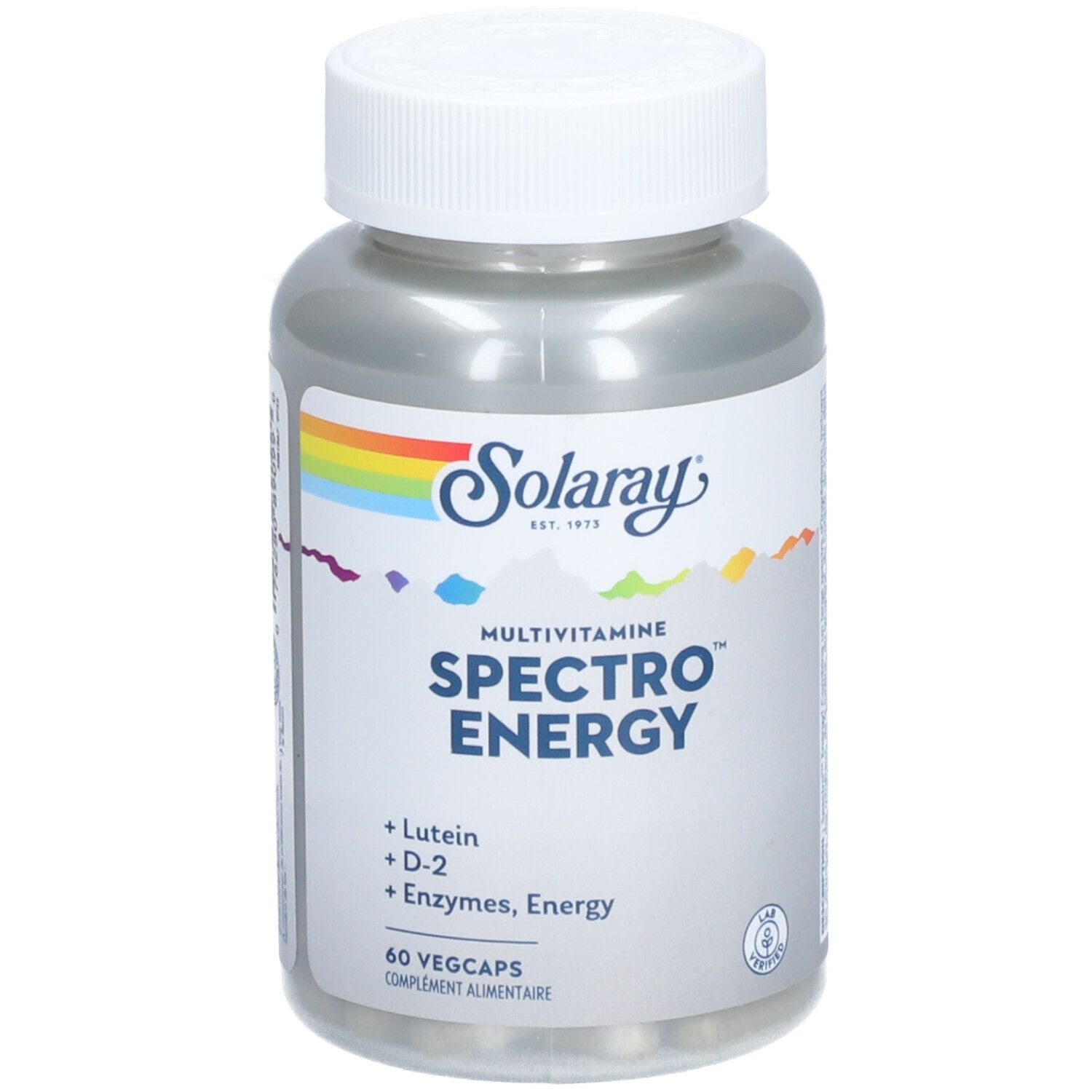 Flacon gris avec bouchon blanc. Inscription: SOLARAY SPECTRO ENERGY, 60 Vegcaps. Contient de la lutéine, D-2, des enzymes.