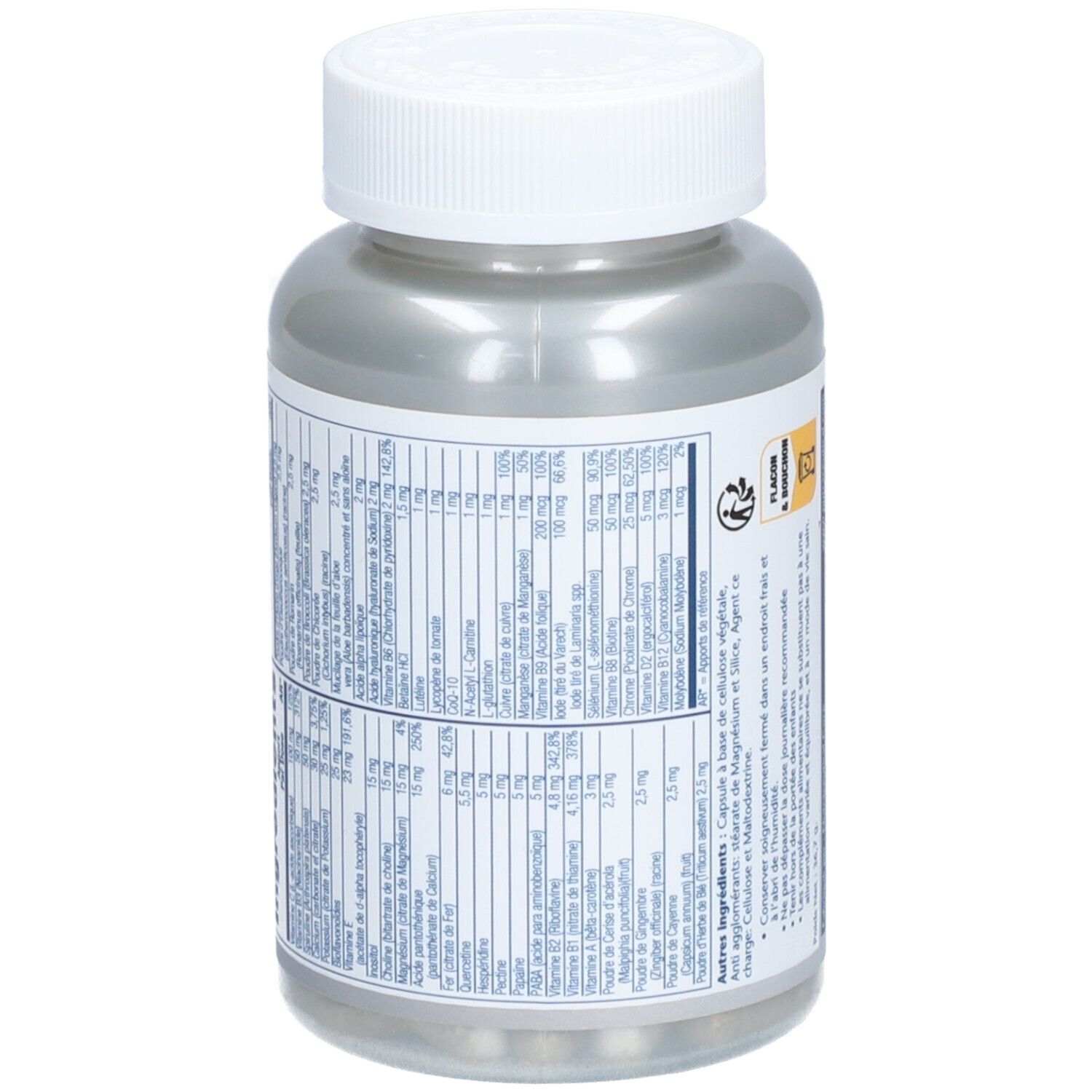 Dos du flacon gris avec bouchon blanc. Étiquette avec ingrédients et informations nutritionnelles. SOLARAY SPECTRO ENERGY.
