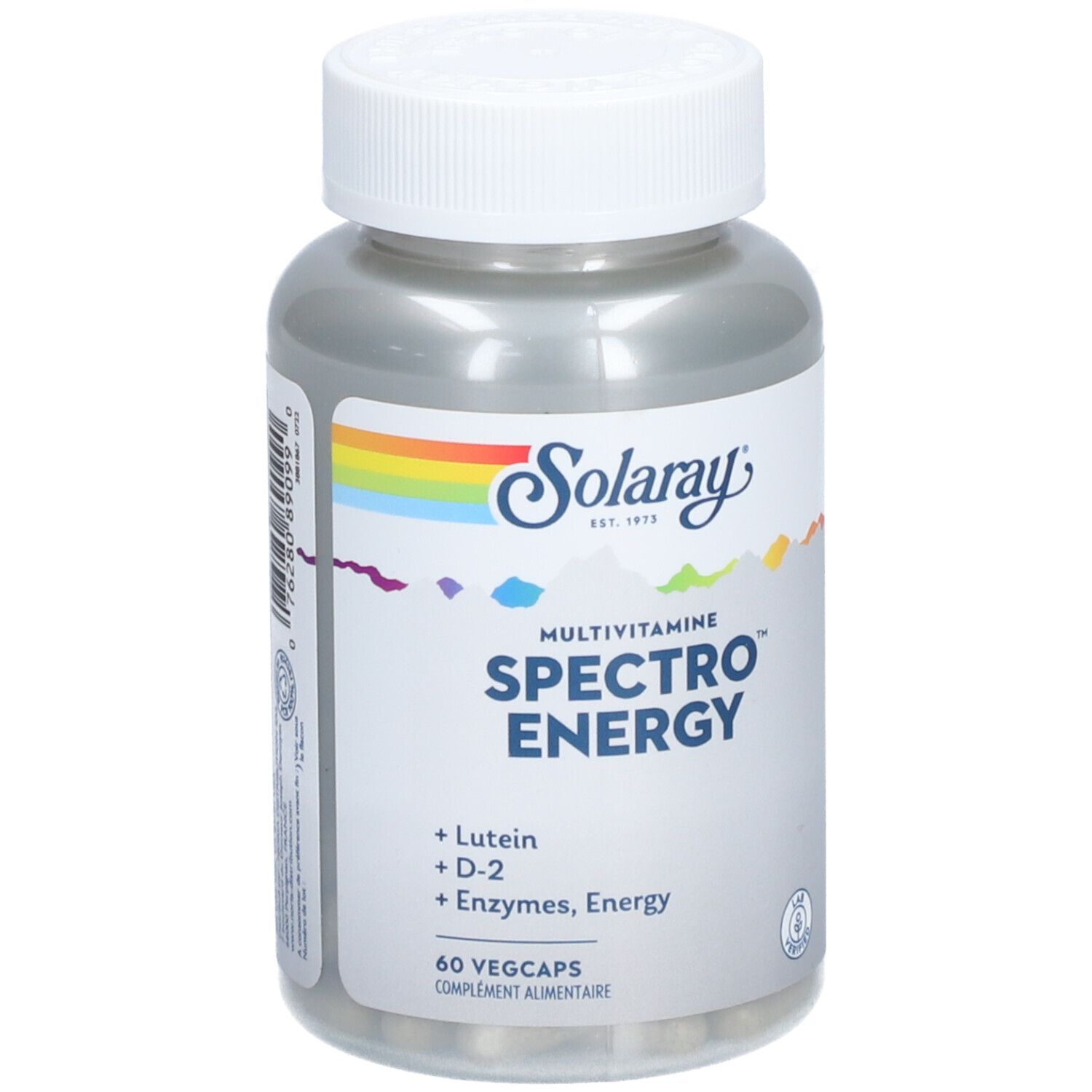Flacon gris avec bouchon blanc. Inscription: SOLARAY SPECTRO ENERGY, 60 Vegcaps. Contient de la lutéine, D-2, des enzymes.