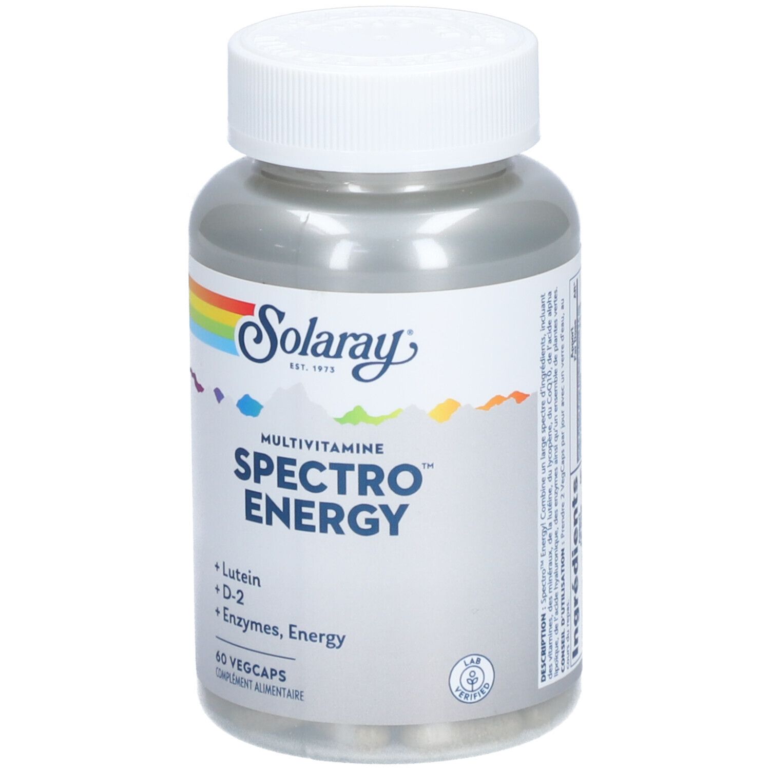 Flacon gris avec bouchon blanc. Inscription: SOLARAY SPECTRO ENERGY, 60 Vegcaps. Contient de la lutéine, D-2, des enzymes.