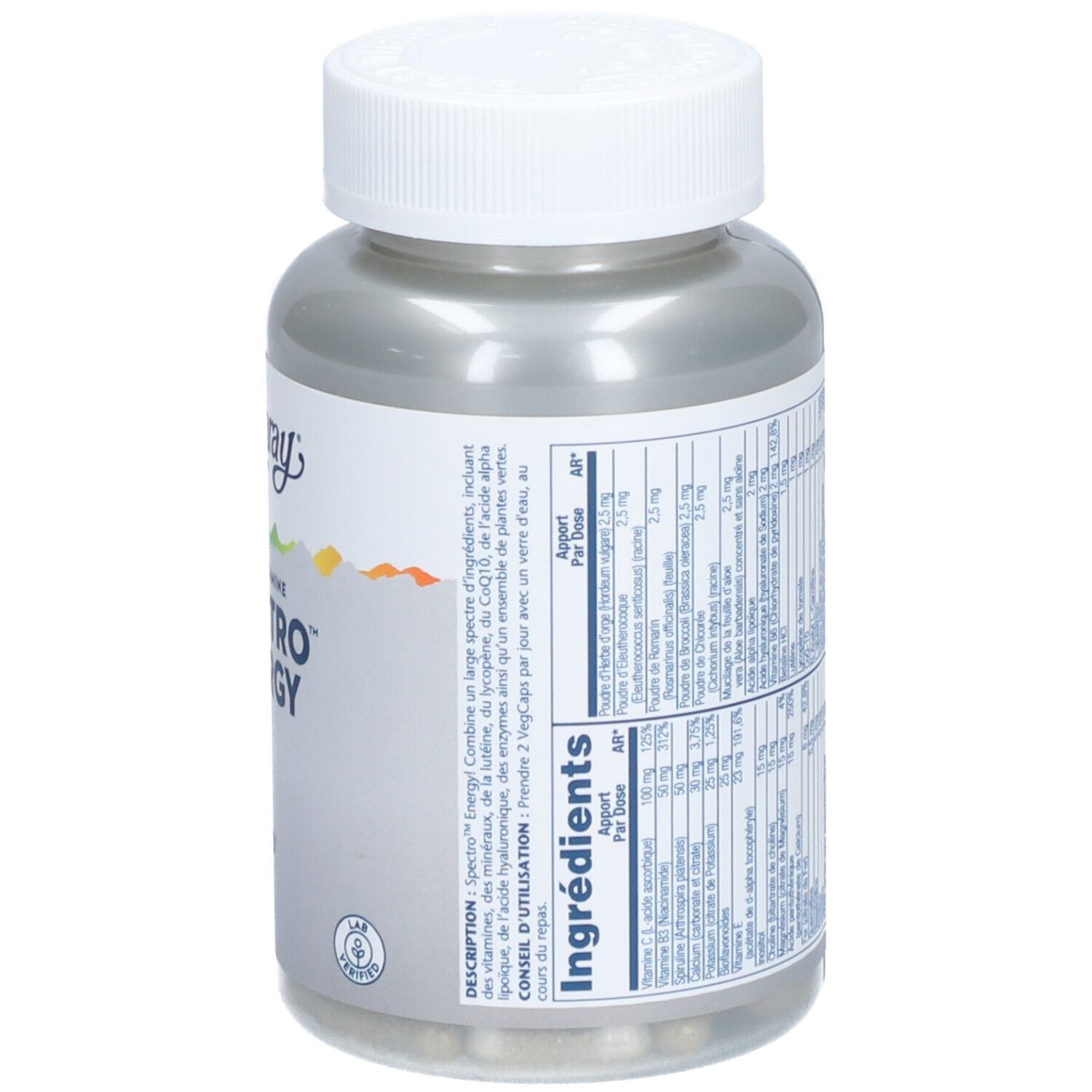 Dos du flacon gris avec bouchon blanc. Étiquette avec ingrédients et informations nutritionnelles. SOLARAY SPECTRO ENERGY.