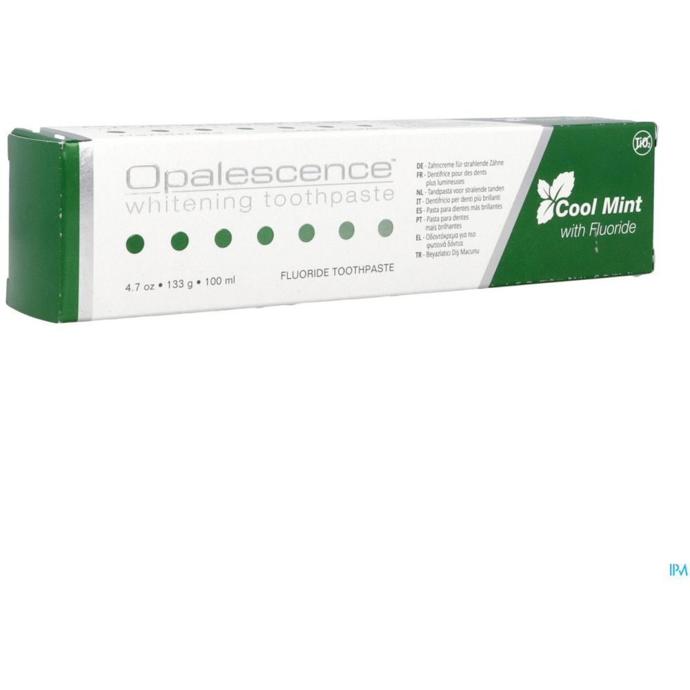 Emballage de dentifrice, blanc et vert. Inscription : Opalescence, Cool Mint, Fluorure. Boîte verte et blanche.