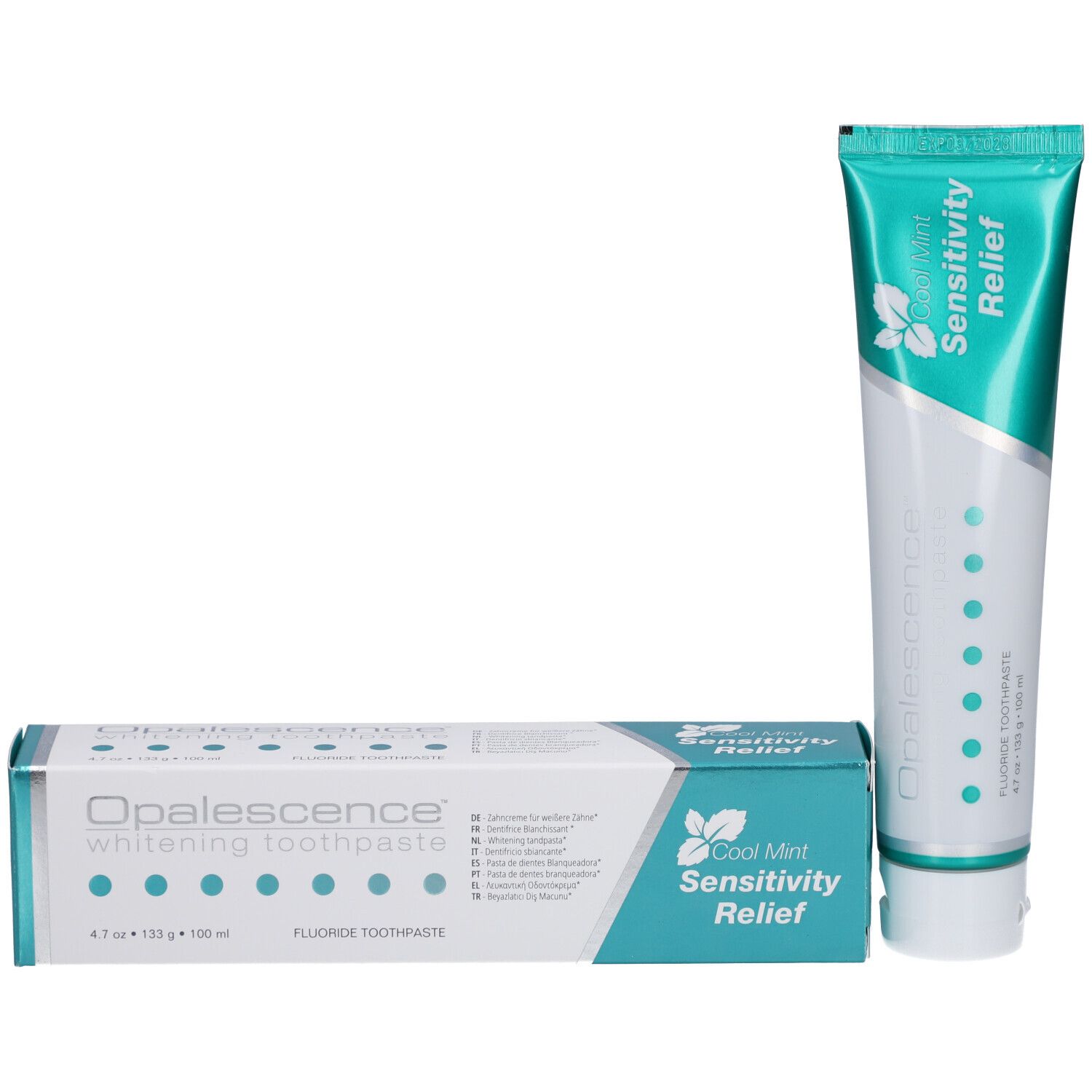 Zahncremetube und Schachtel. Schachtel: Opalescence, whitening toothpaste. Tube: Cool Mint Sensitivity Relief.