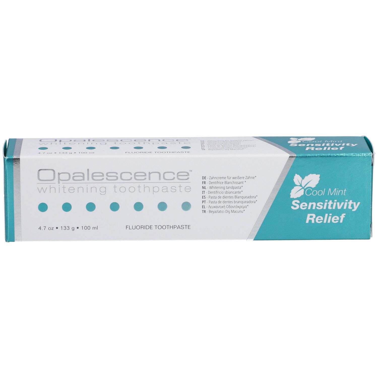 Schachtel mit Zahncreme. Aufschrift: Opalescence, whitening toothpaste. Cool Mint Sensitivity Relief. Enthält Fluorid.