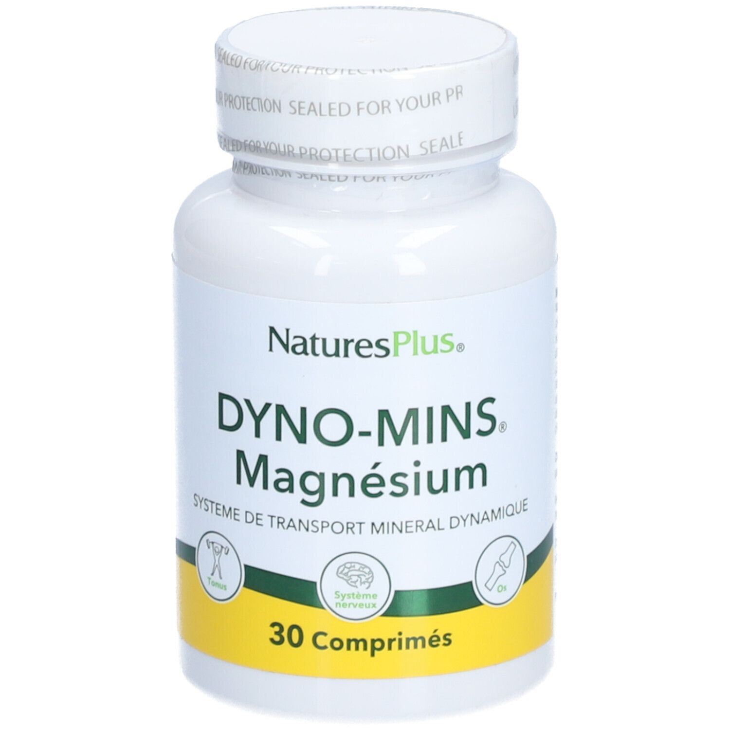 Flacon blanc "NaturesPlus Dyno-Mins Magnésium" avec 30 comprimés. Sceau sur le couvercle.