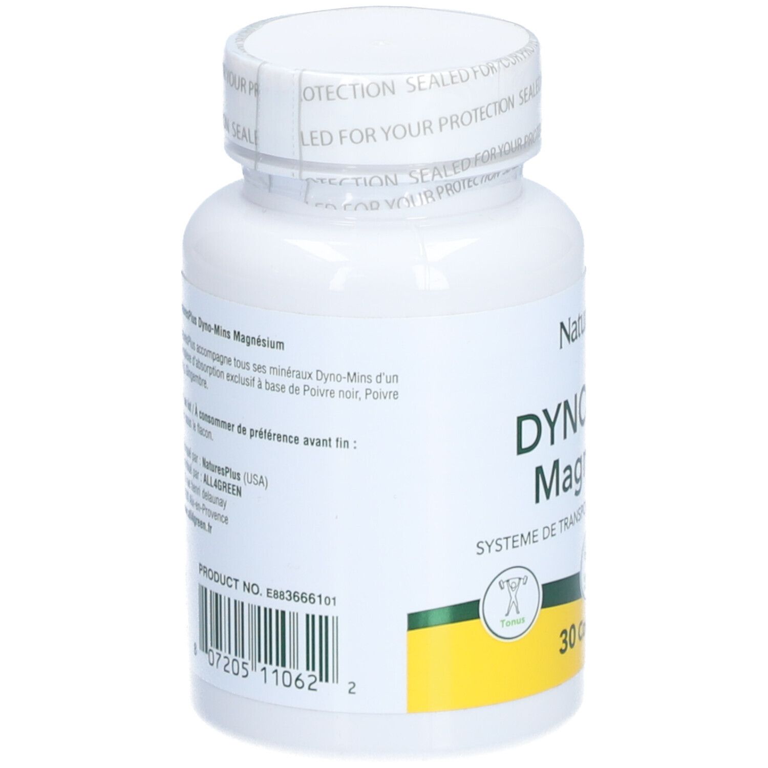 Flacon blanc "NaturesPlus Dyno-Mins Magnésium". Dos avec texte et code-barres. Bande jaune.