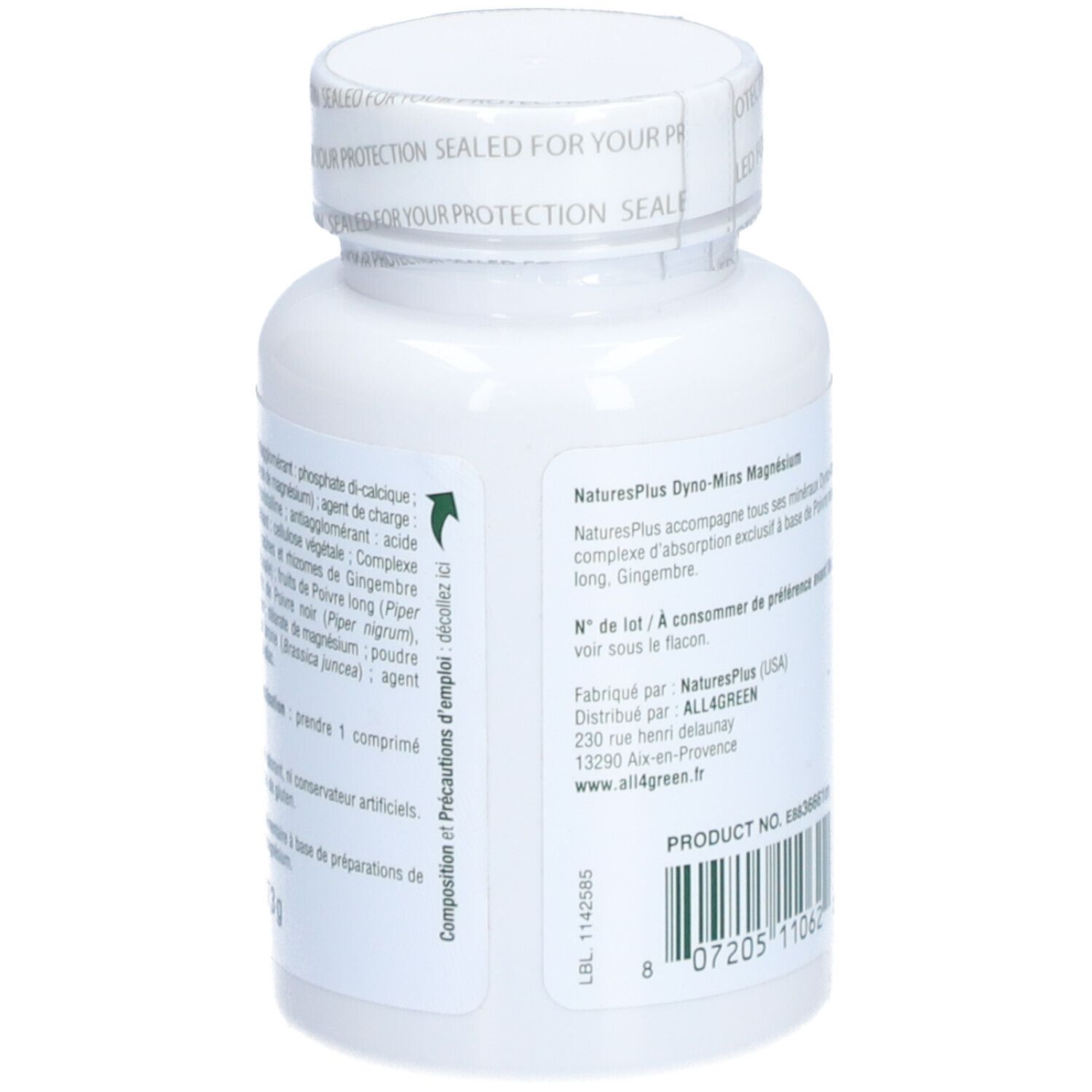 Flacon blanc "NaturesPlus Dyno-Mins Magnésium". Dos avec ingrédients et texte. Code-barres.