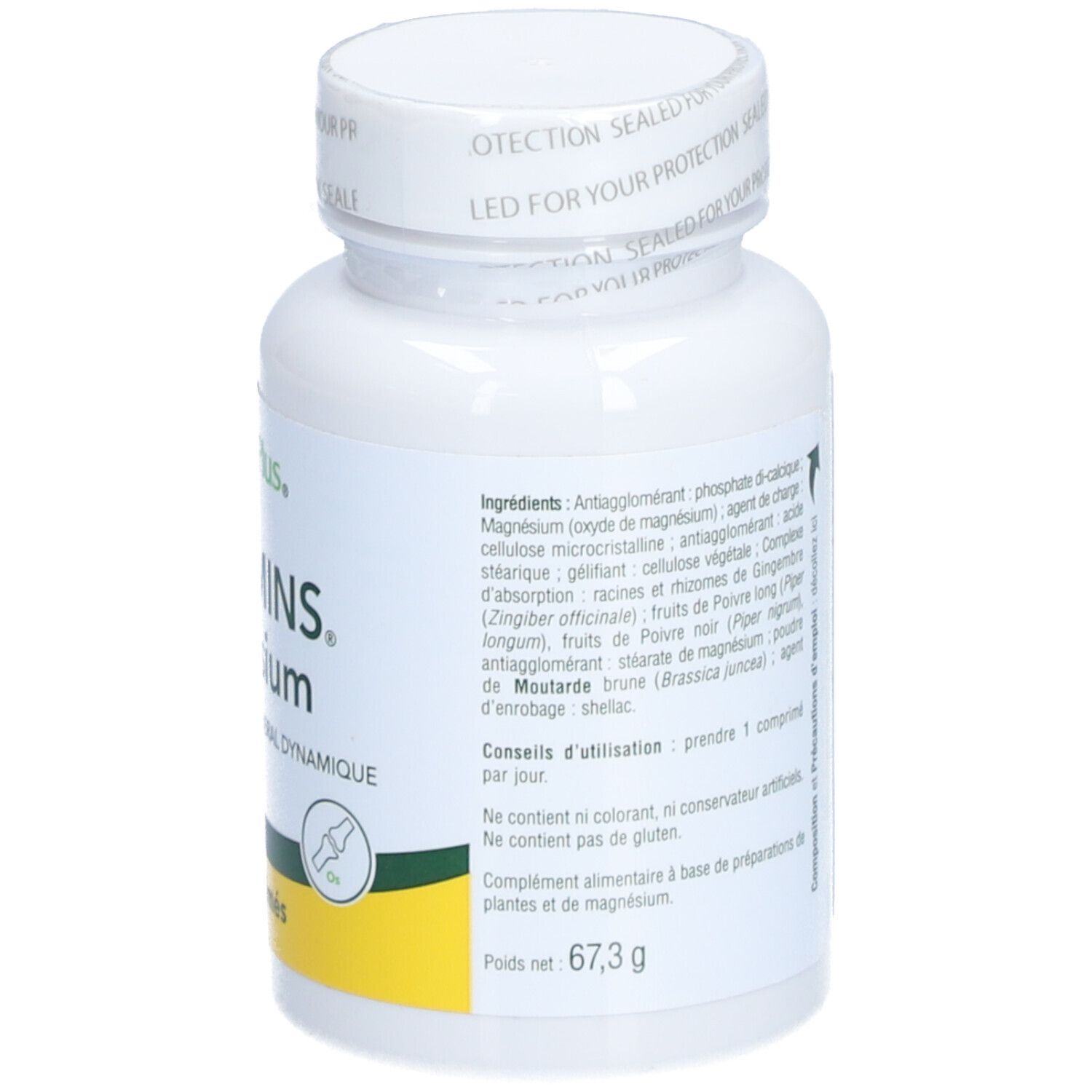 Flacon blanc "NaturesPlus Dyno-Mins Magnésium". Dos avec ingrédients et texte. 67,3g.