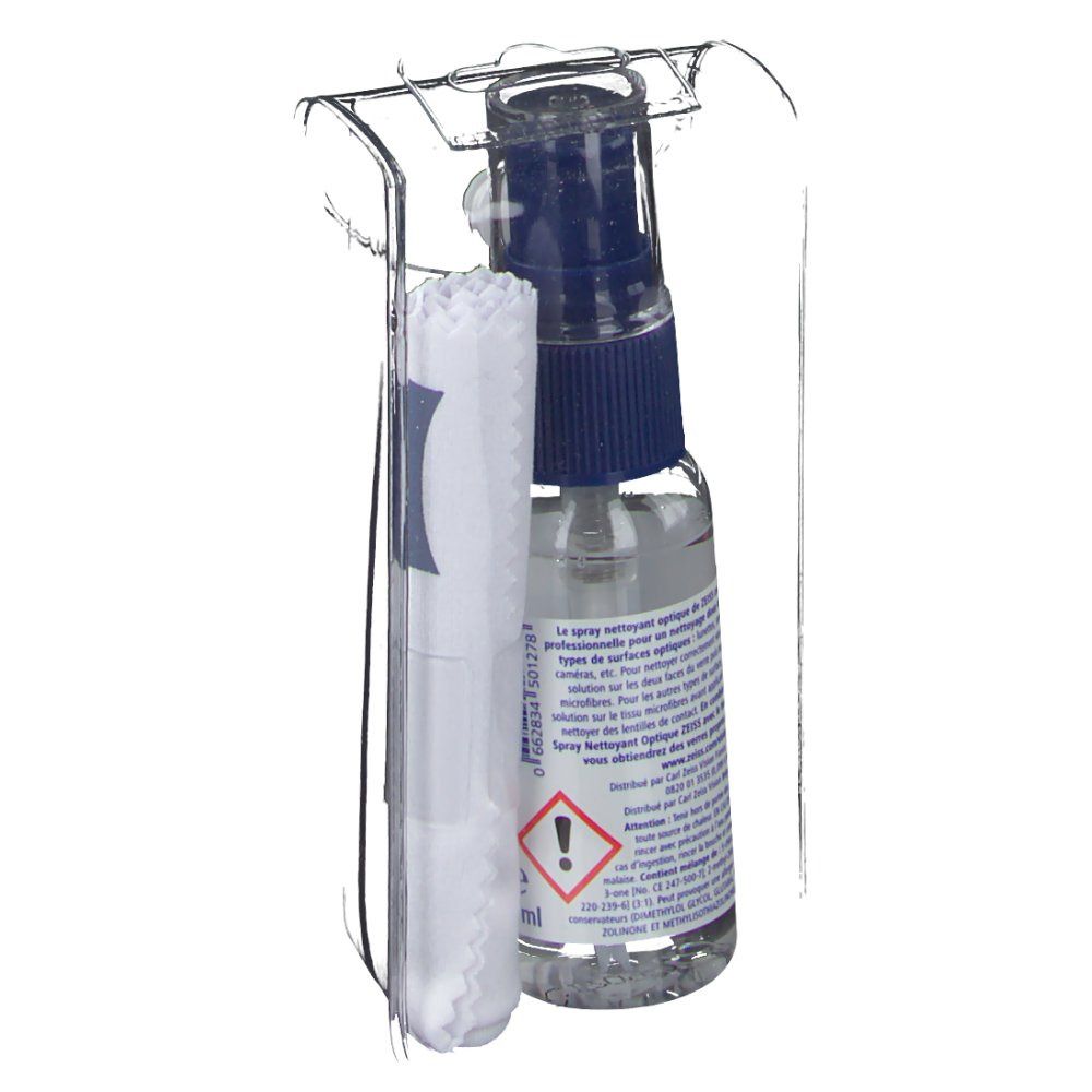 Emballage transparent avec flacon pulvérisateur et chiffon de nettoyage. "ZEISS Spray nettoyant Optique" est écrit sur le flacon.