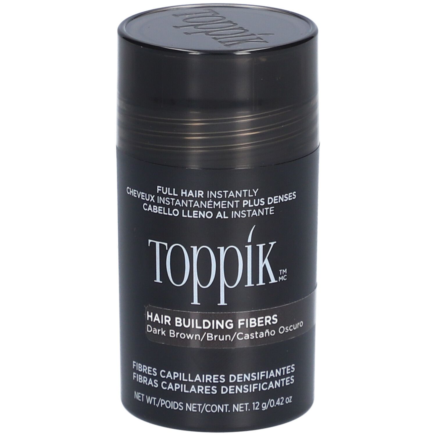 Zylindrische Dose mit Toppik Haarfasern. Dunkelbraune Fasern. Beschriftung: Hair Building Fibers, 12 g.