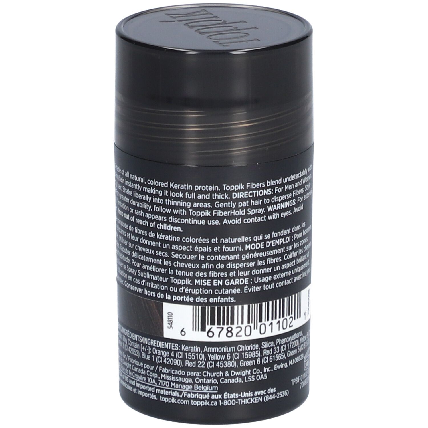 Zylindrische Dose Toppik Haarfasern. Rückseite mit Text und Inhaltsstoffen. Dunkelbraune Farbe. Beschriftung: Hair Building Fibers.