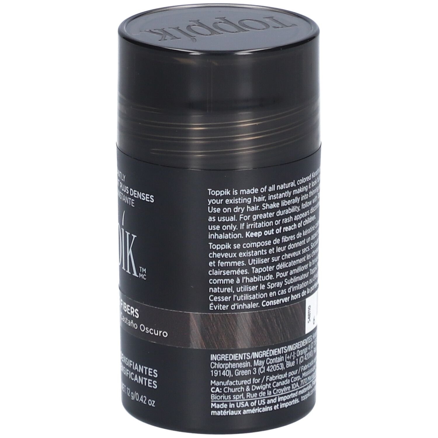 Zylindrische Dose Toppik Haarfasern. Rückseite mit Text. Dunkelbraune Farbe. Beschriftung: Hair Building Fibers.