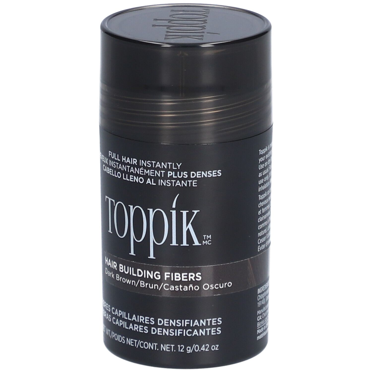 Zylindrische Dose Toppik Haarfasern. Vorderseite mit Text. Dunkelbraune Farbe. Beschriftung: Hair Building Fibers, 12 g.