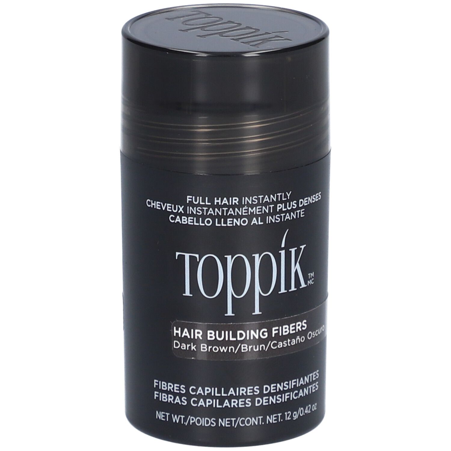 Zylindrische Dose Toppik Haarfasern. Vorderseite mit Text. Dunkelbraune Farbe. Beschriftung: Hair Building Fibers, 12 g.
