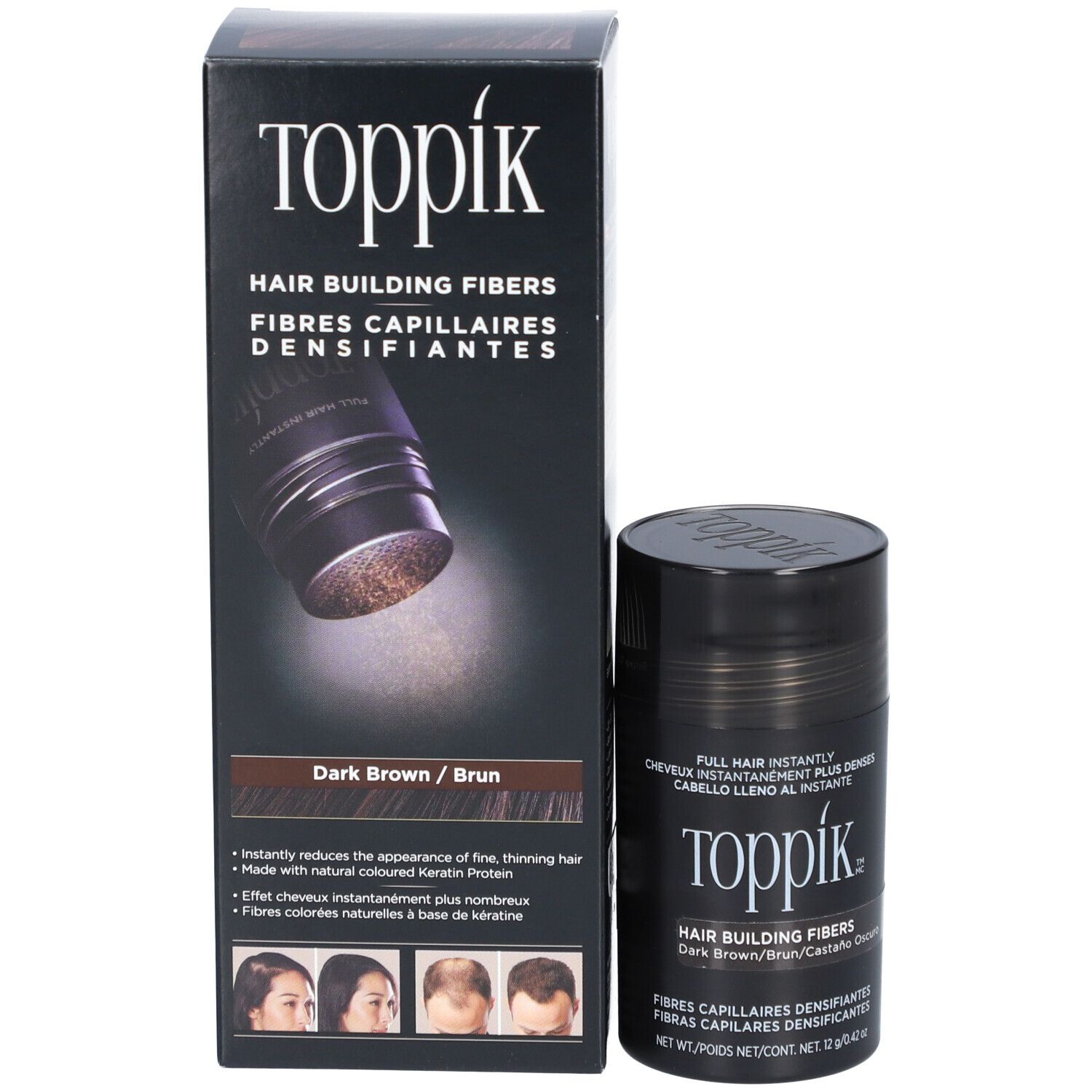 Toppik Haarfasern Dose und Verpackung. Dunkelbraune Farbe. Beschriftung: Hair Building Fibers. Verpackung mit Bildern.