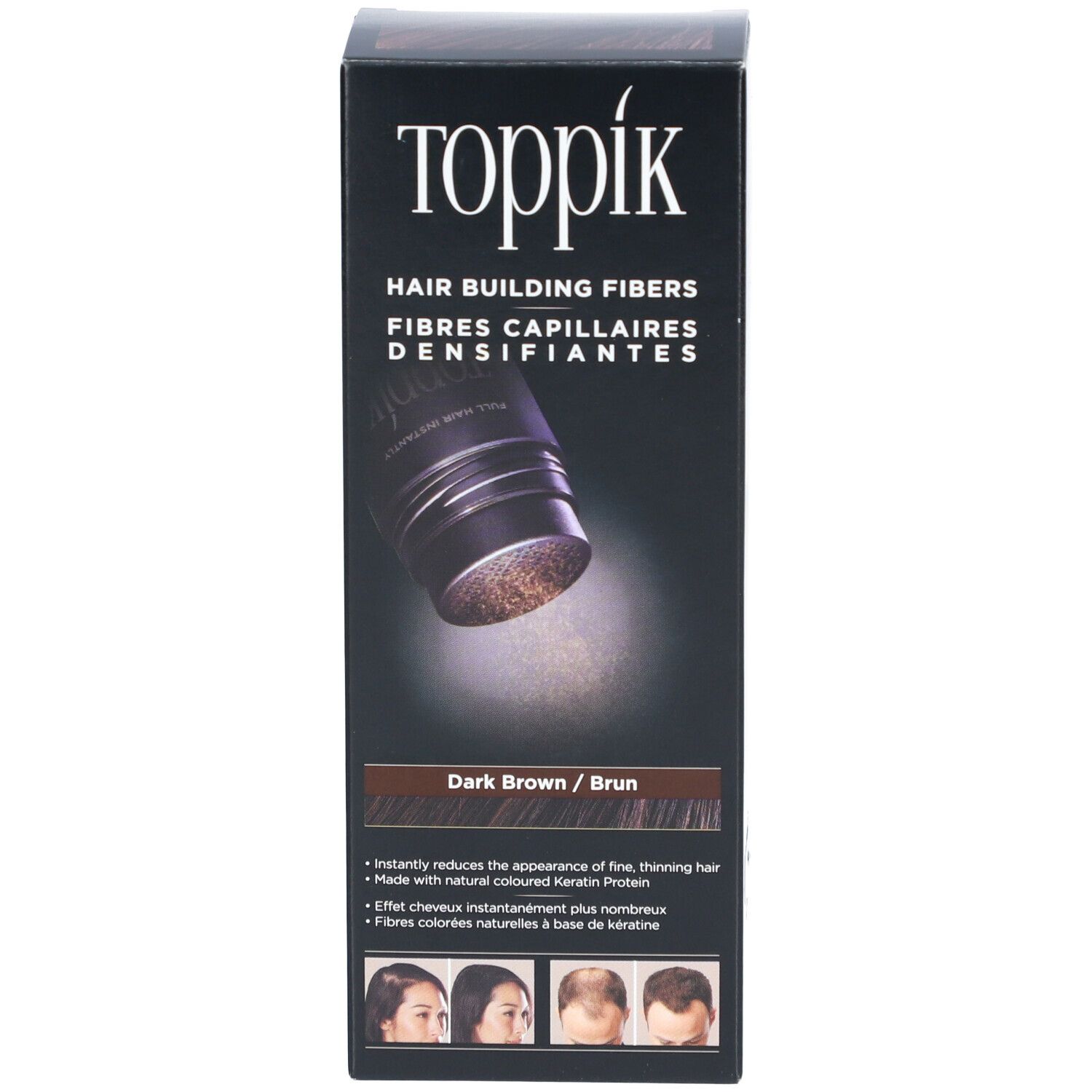 Toppik Haarfasern Verpackung. Dunkelbraune Farbe. Beschriftung: Hair Building Fibers. Verpackung mit Bildern.
