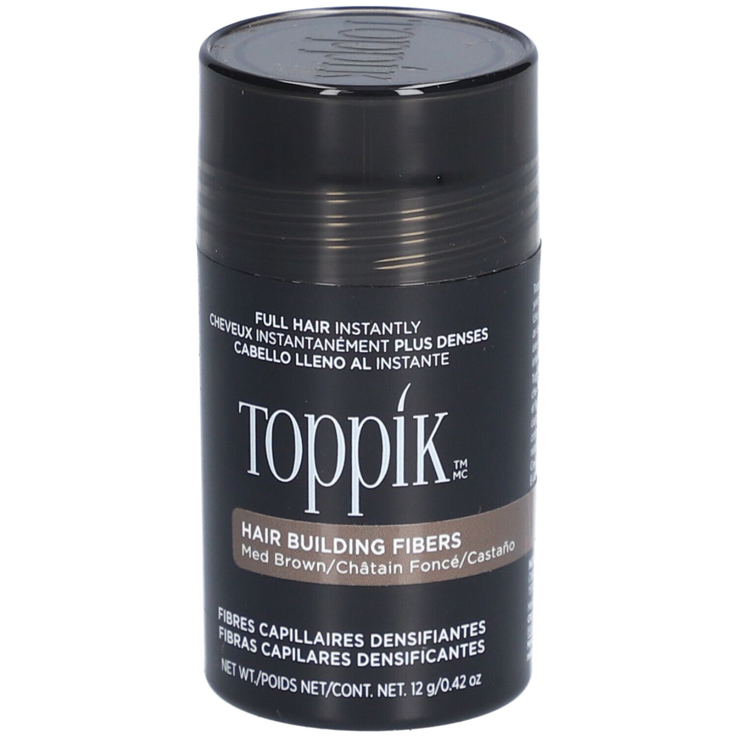Zylindrische Dose mit Toppik Haarfasern, dunkelbraun. Aufschrift: Hair Building Fibers.
