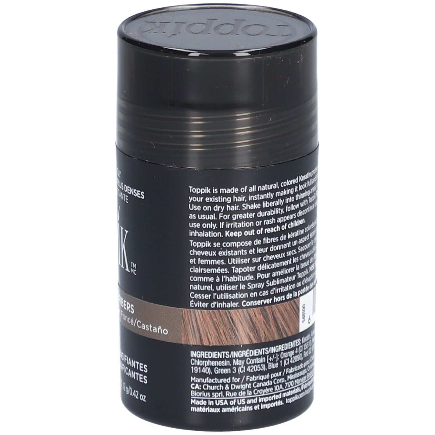 Dose Toppik Haarfasern, dunkelbraun. Aufschrift: Hair Building Fibers. Detailansicht der Inhaltsstoffe.