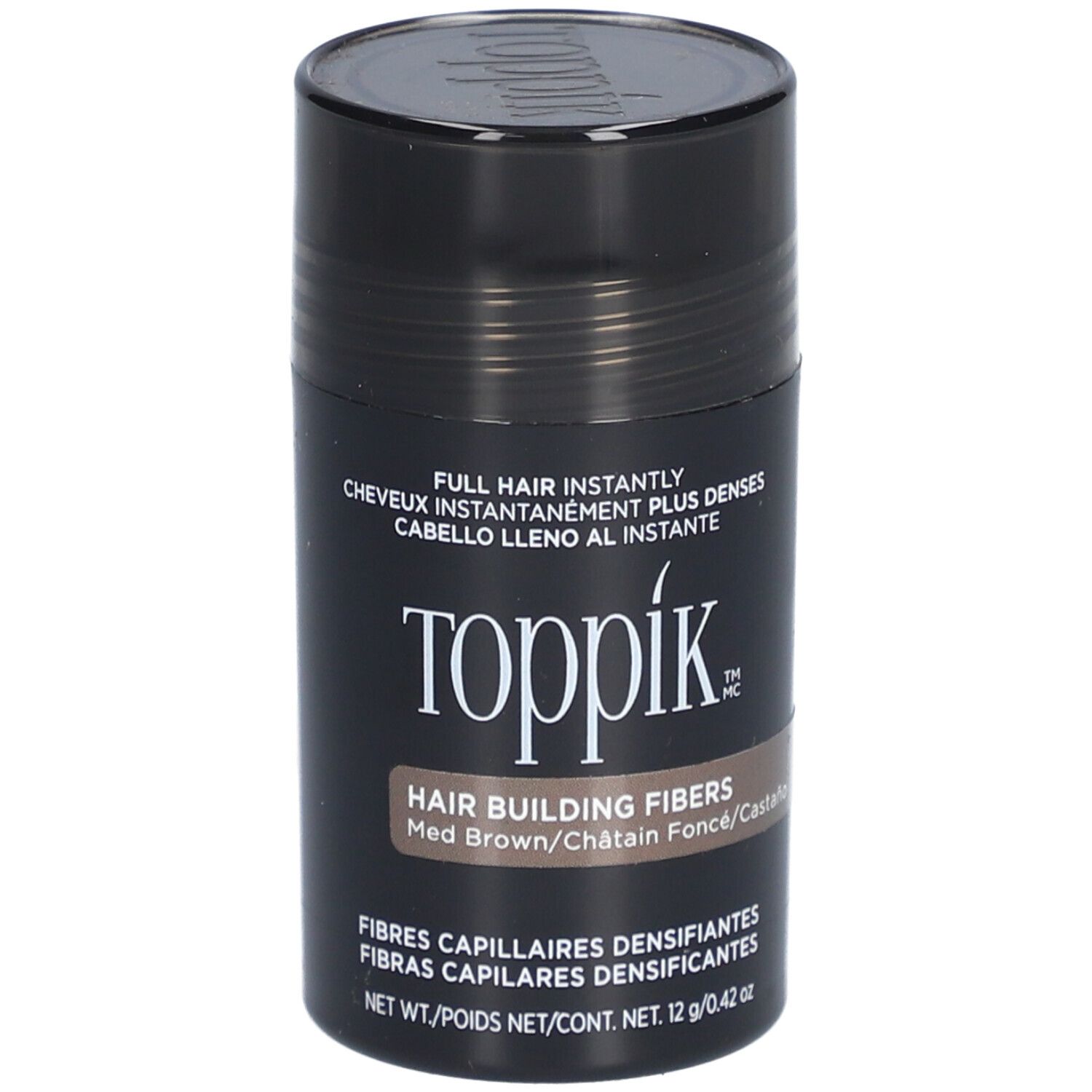 Zylindrische Dose Toppik Haarfasern, dunkelbraun. Aufschrift: Hair Building Fibers. Nahaufnahme.