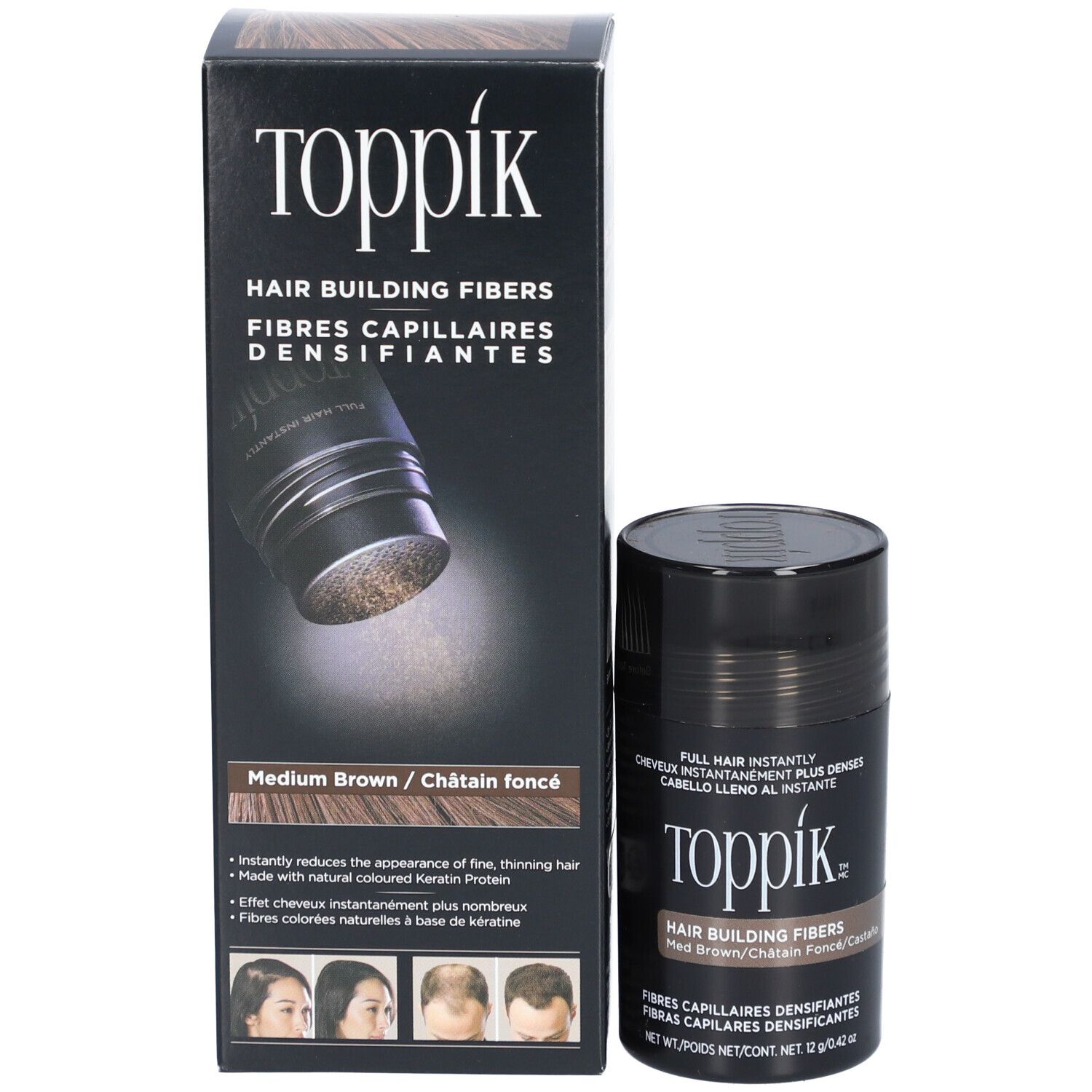 Toppik Haarfasern in Schachtel und Dose. Schachtel mit Produktabbildung und Produktnamen.