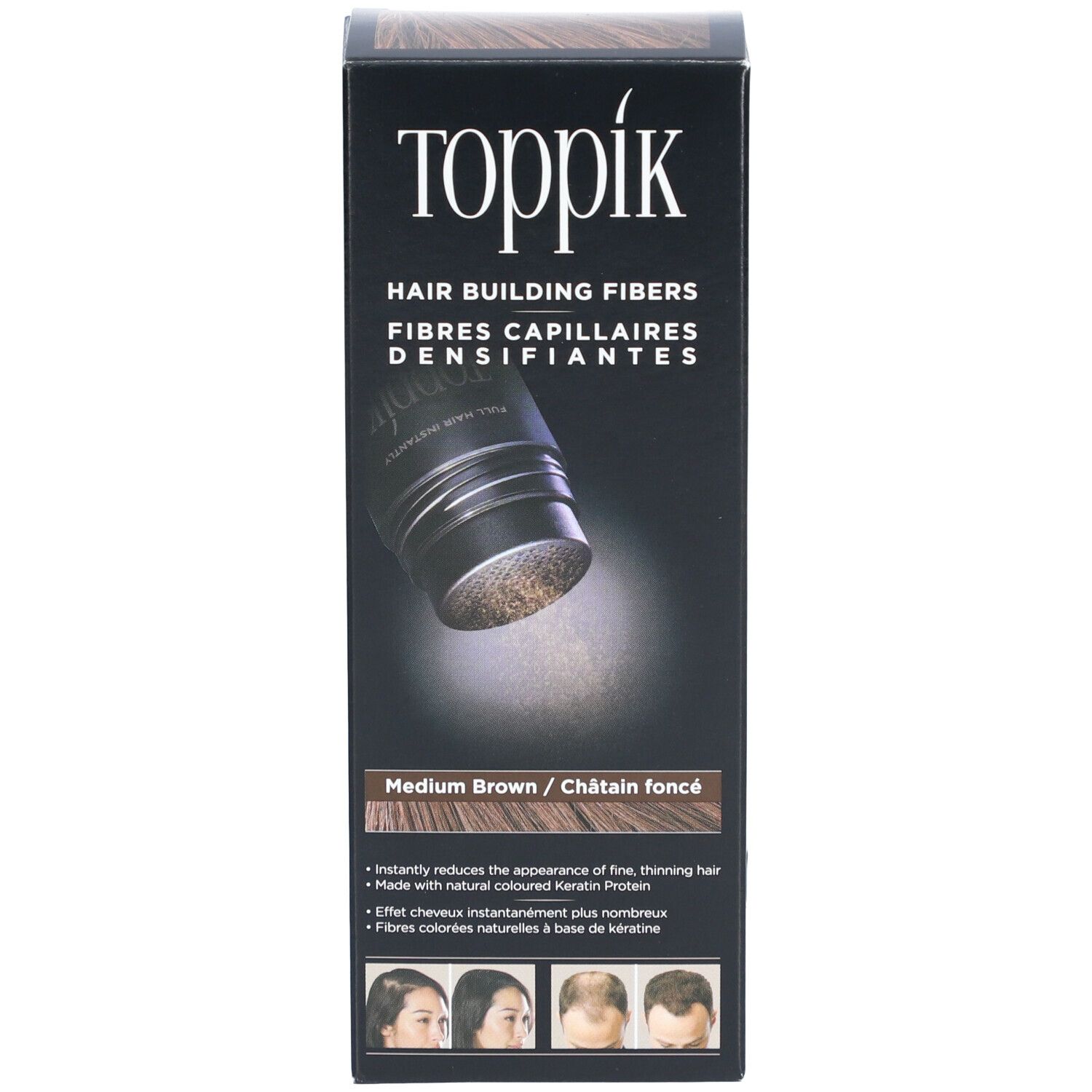 Schachtel Toppik Haarfasern. Produktabbildung und Produktname auf der Schachtel.