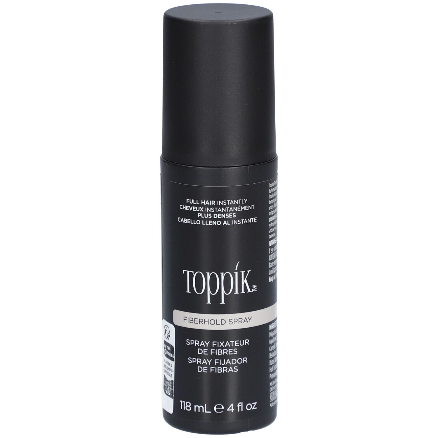 Schwarze Sprühflasche mit schwarzem Deckel. Aufschrift: Toppik Fiberhold Spray. Volumen: 118 ml.