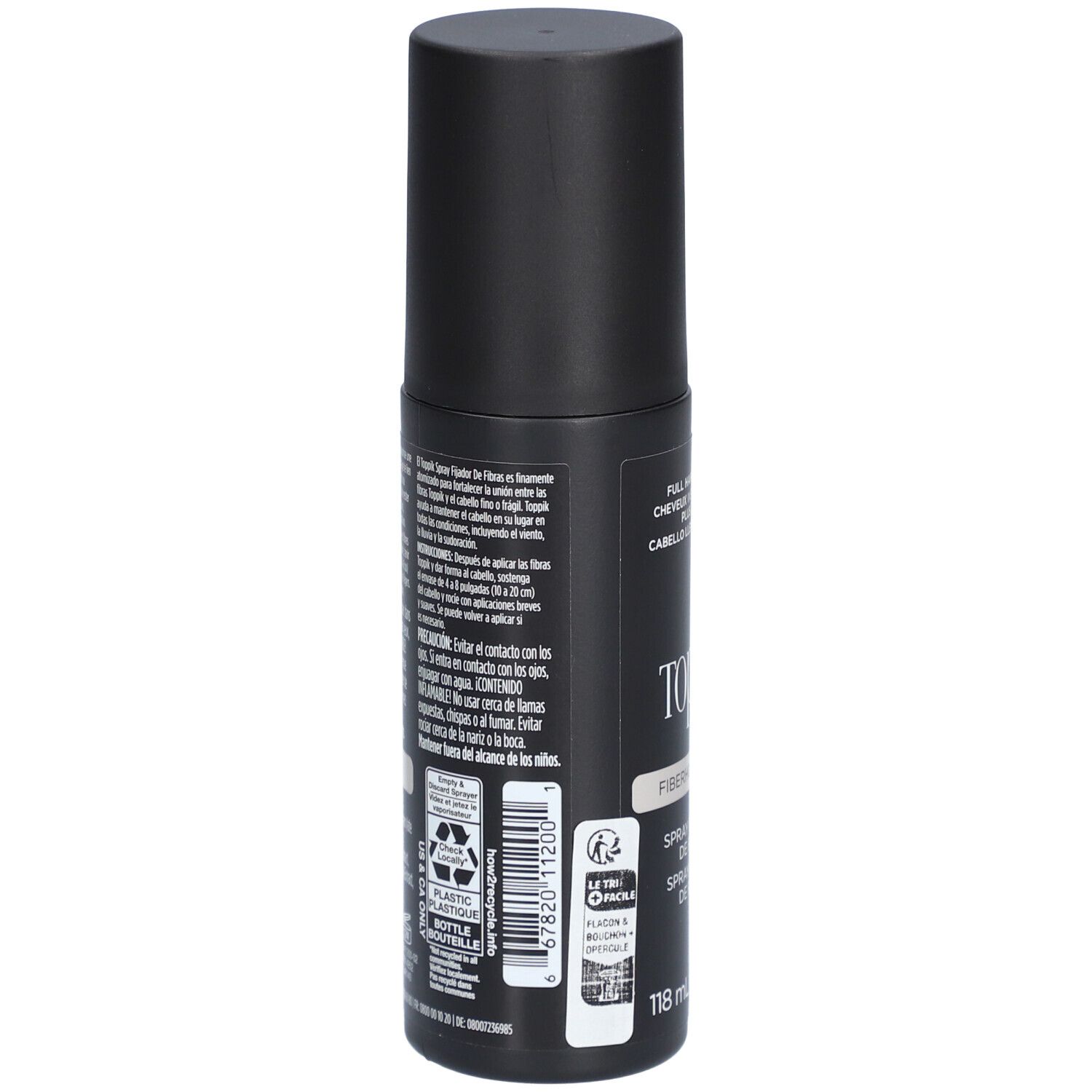 Rückseite der schwarzen Sprühflasche. Text in mehreren Sprachen. Recycling-Symbol und Volumenangabe: 118 ml.