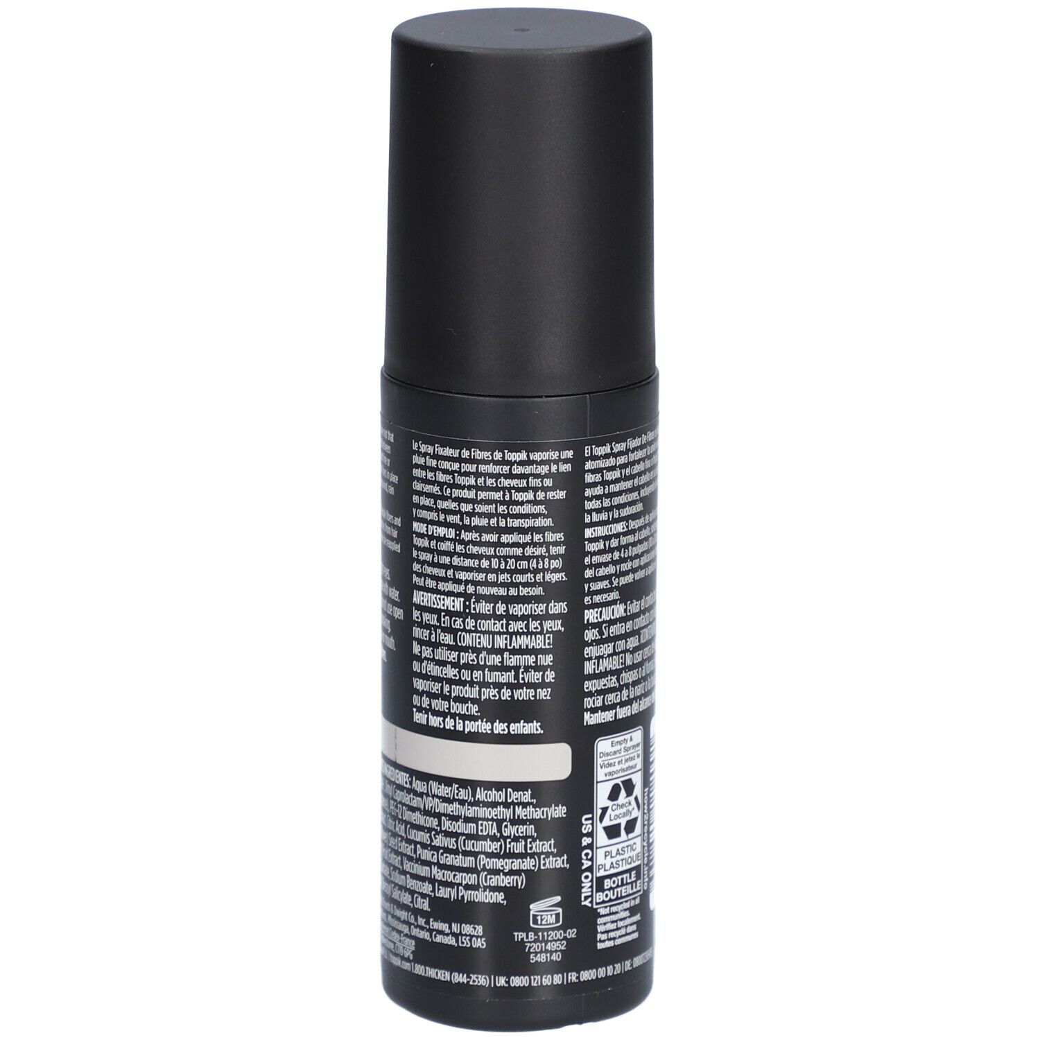 Rückseite der schwarzen Sprühflasche. Text in mehreren Sprachen. Inhaltsstoffe und Warnhinweise.