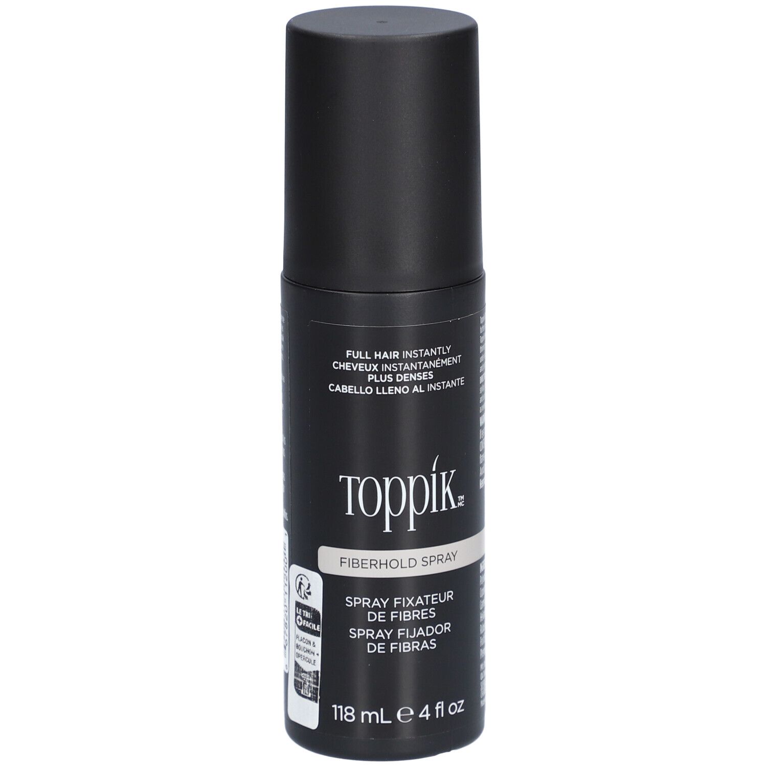 Schwarze Sprühflasche mit schwarzem Deckel. Aufschrift: Toppik Fiberhold Spray. Volumen: 118 ml.