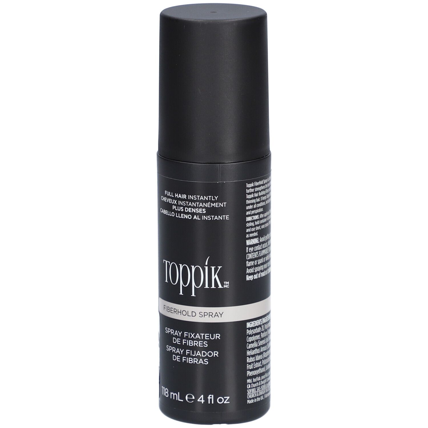 Schwarze Sprühflasche mit schwarzem Deckel. Aufschrift: Toppik Fiberhold Spray. Volumen: 118 ml.